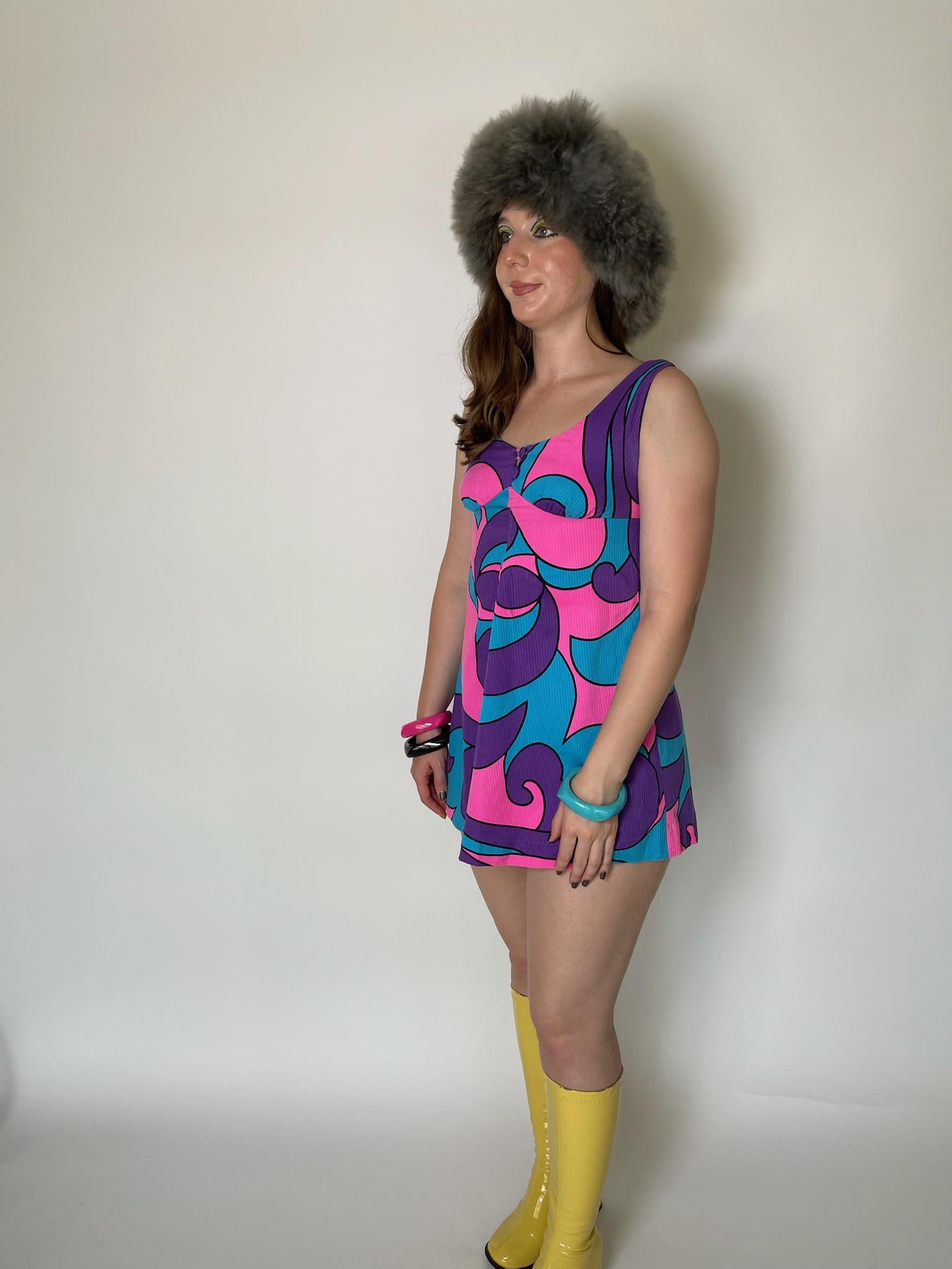 Vintage 60s "Malama Hawaii" Blue Pink & Purple Mini Dress - Fits Size XS-S