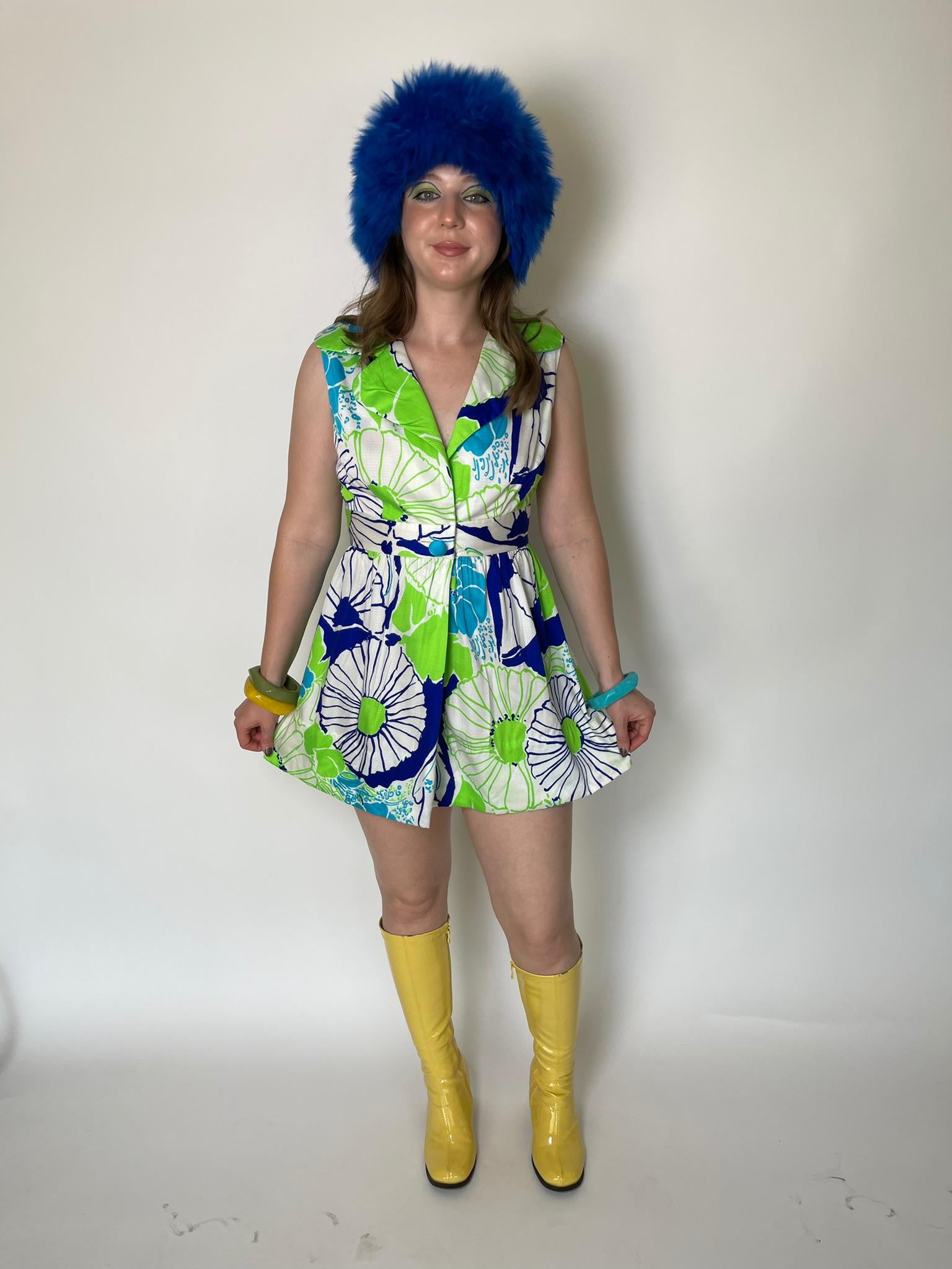 Vintage 60s Made In Hawaii Neon Green And Blue Mini Dress - Fits Size S-M