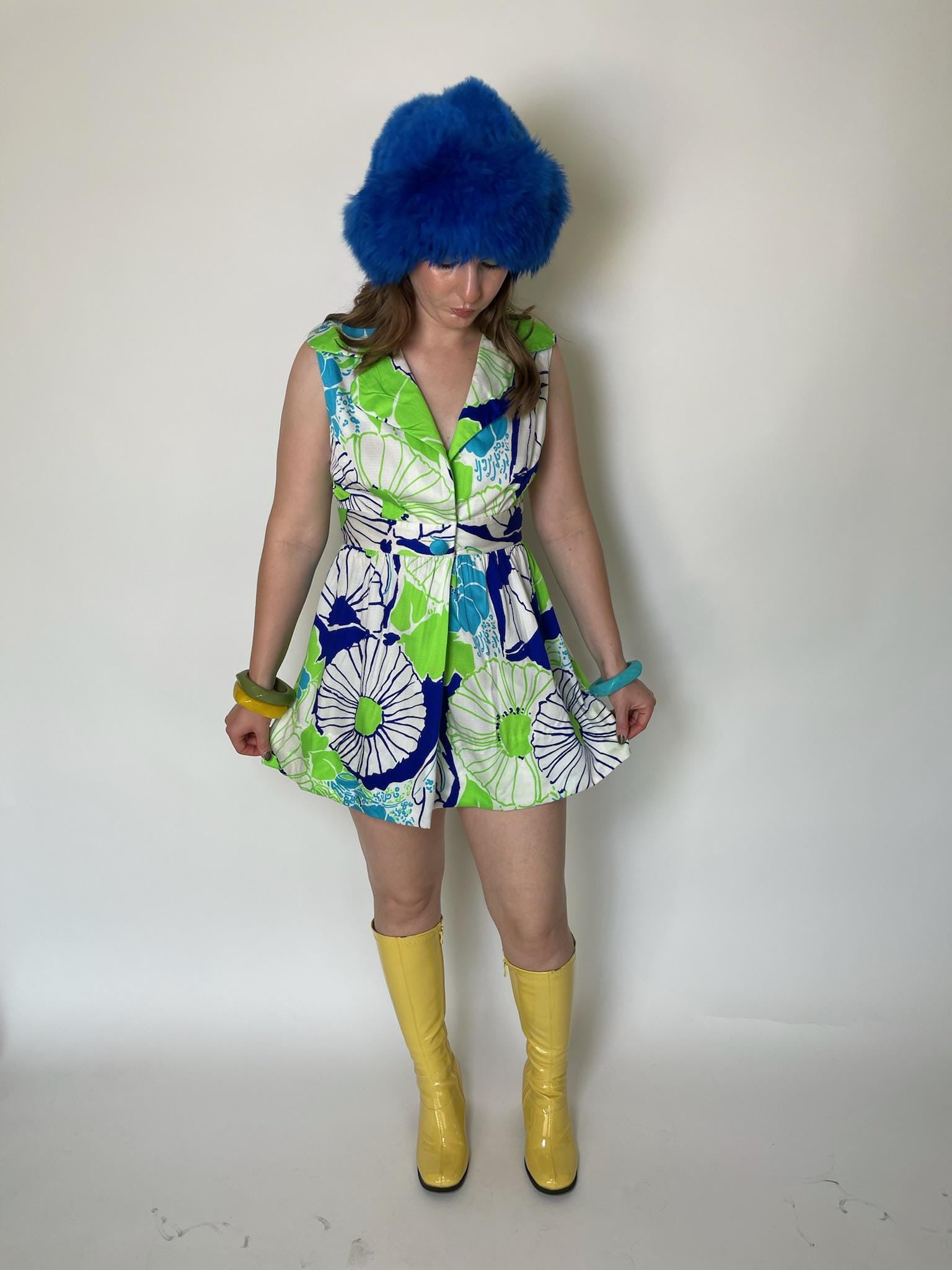 Vintage 60s Made In Hawaii Neon Green And Blue Mini Dress - Fits Size S-M