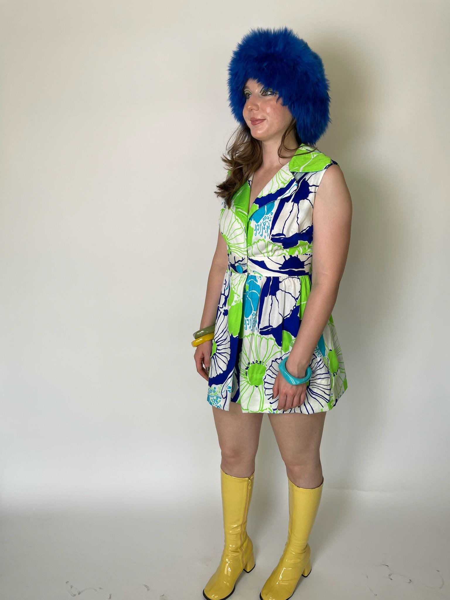 Vintage 60s Made In Hawaii Neon Green And Blue Mini Dress - Fits Size S-M