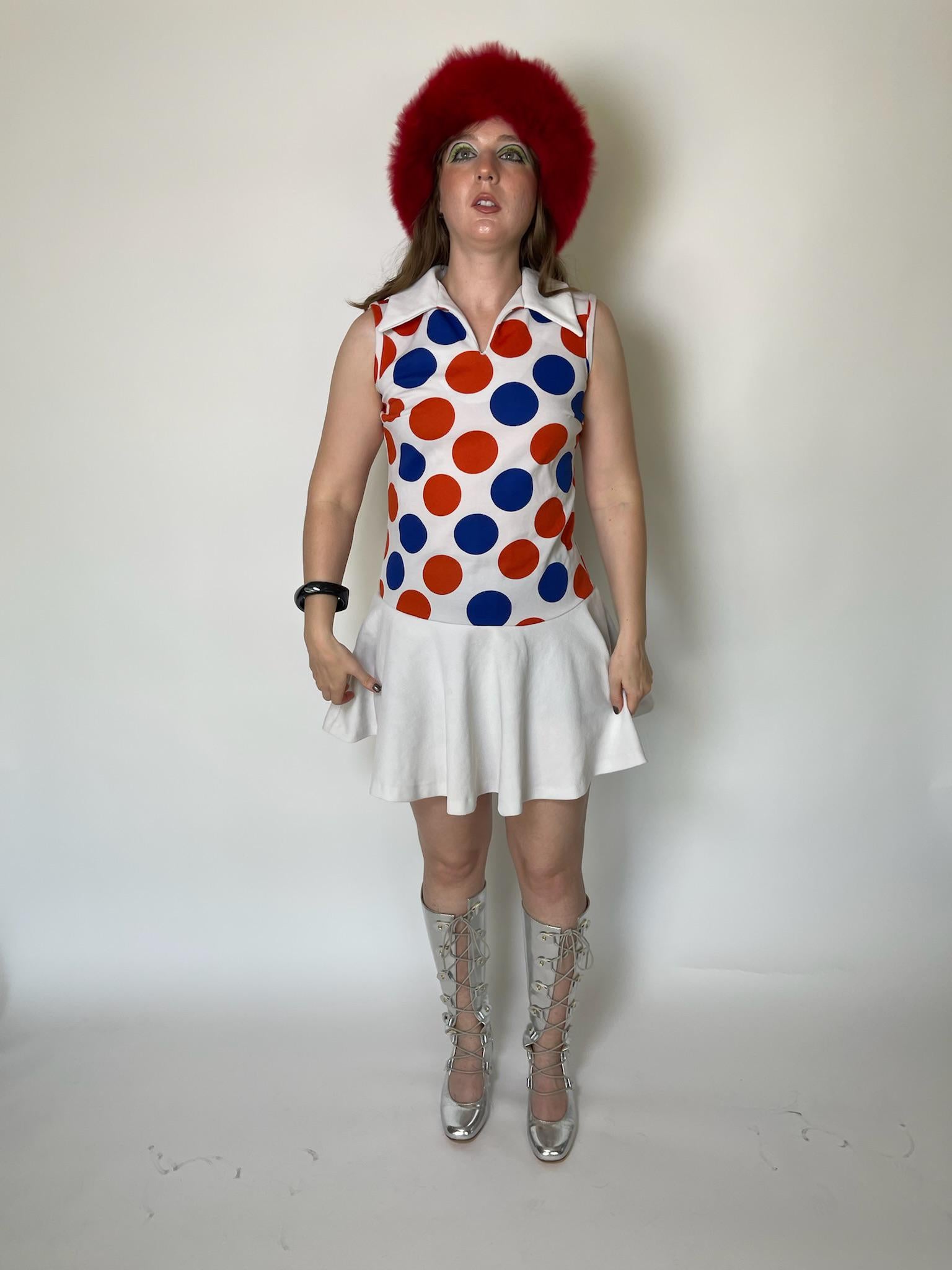 Vintage 60s Red And Blue Polka Dot Drop Waist Dress - Fits Size S-M