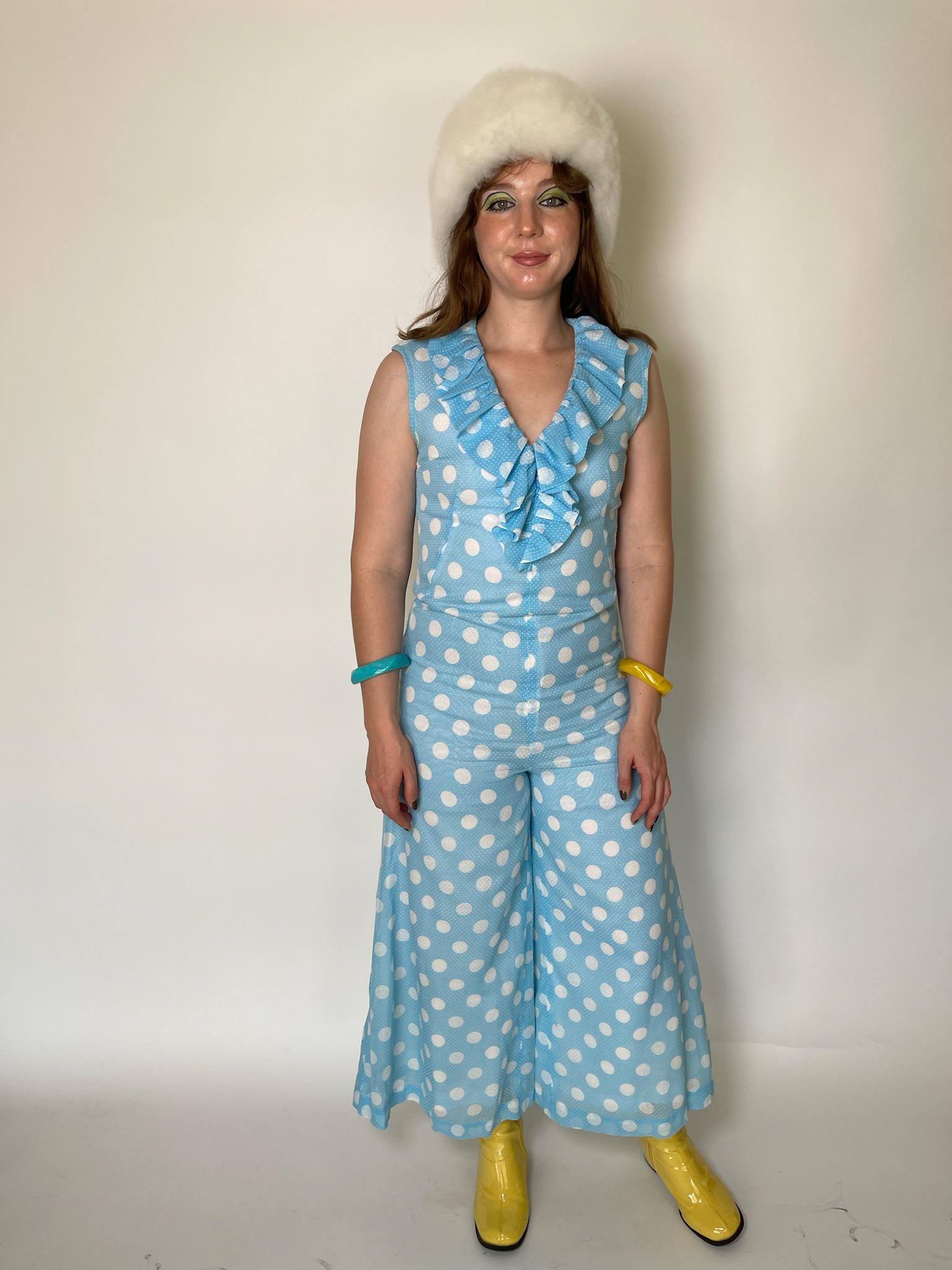 Vintage 60s Blue Jumpsuit with White Polka Dots - Fits Size S, Possibly M