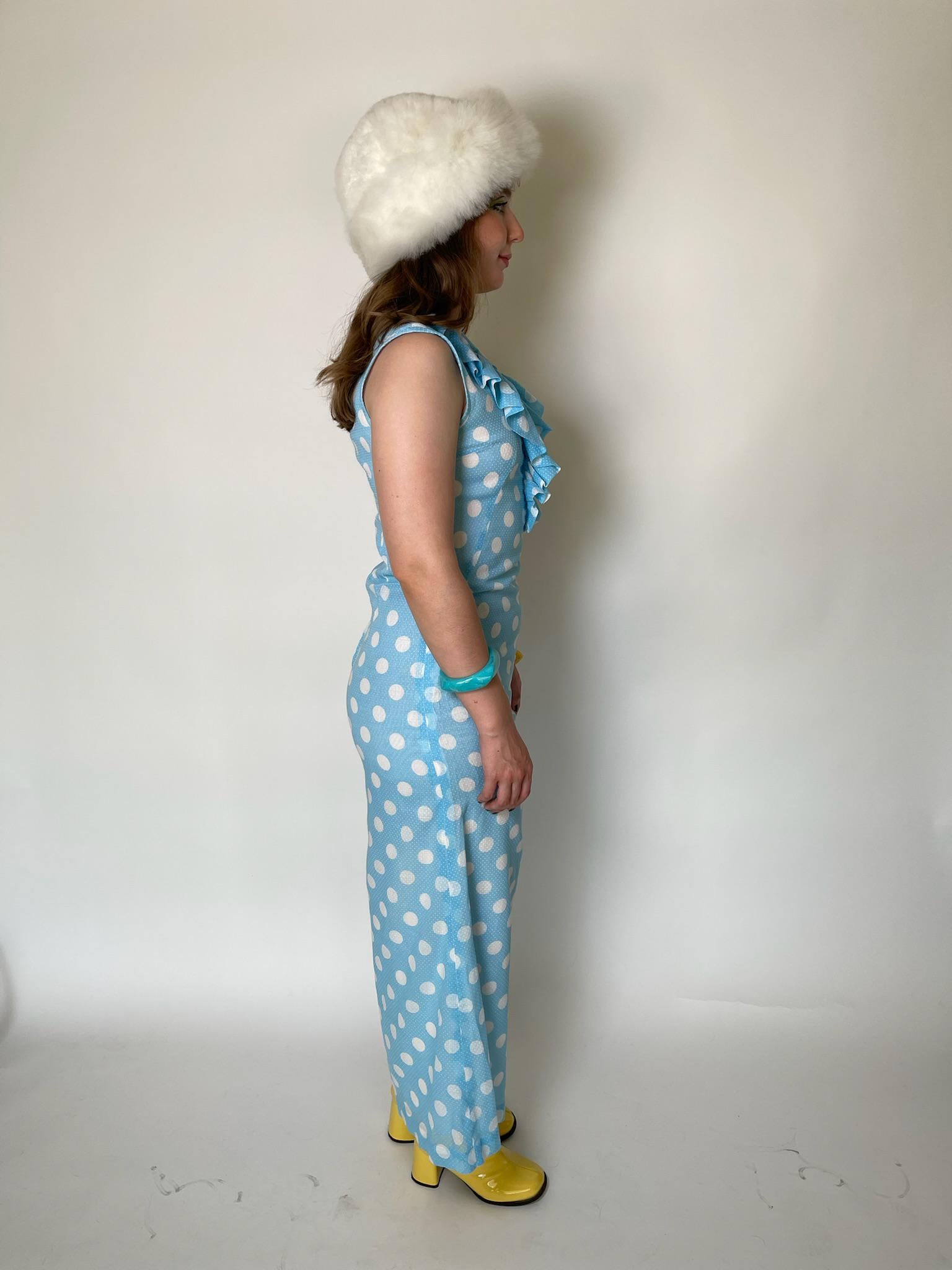 Vintage 60s Blue Jumpsuit with White Polka Dots - Fits Size S, Possibly M