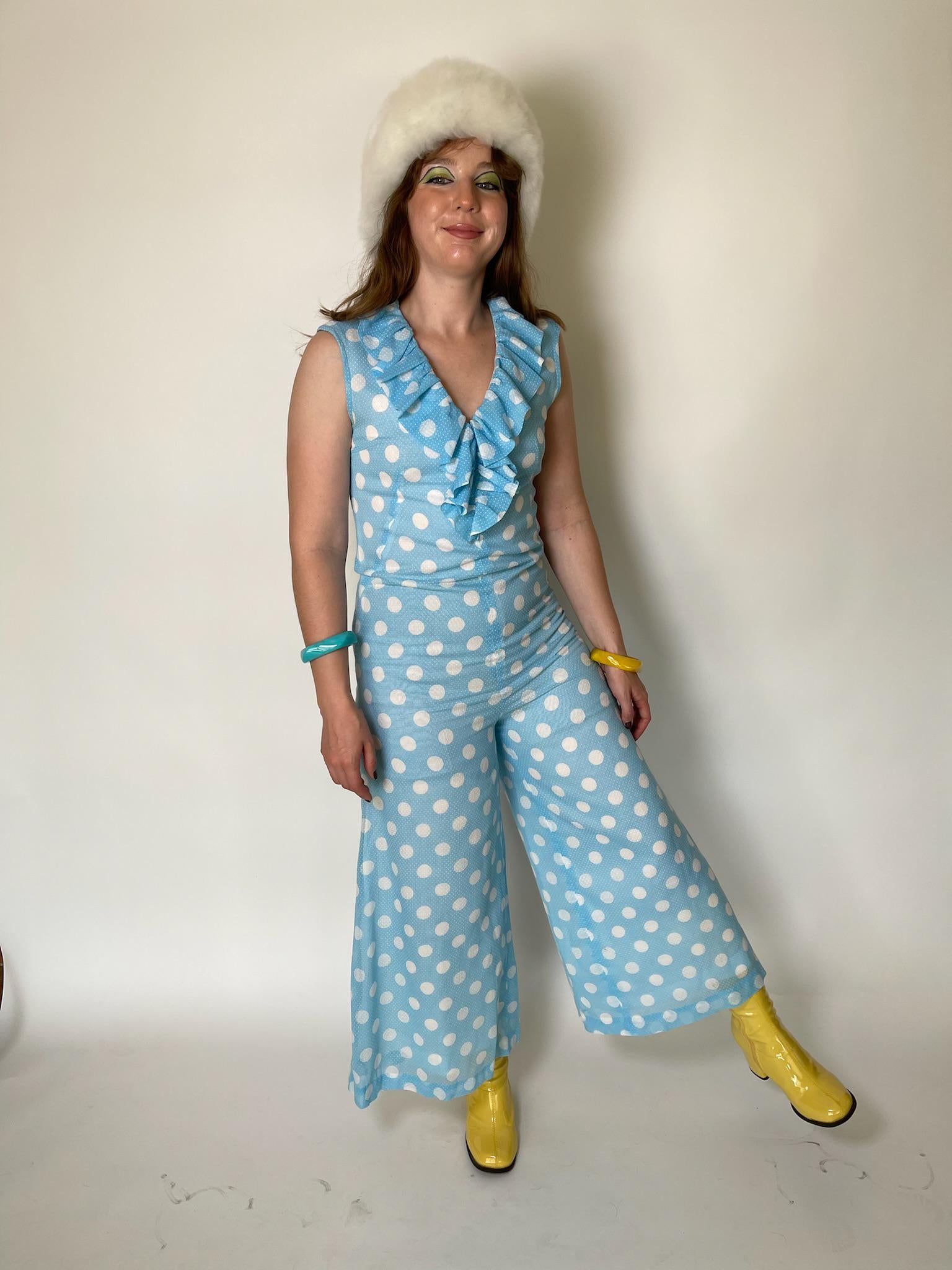 Vintage 60s Blue Jumpsuit with White Polka Dots - Fits Size S, Possibly M