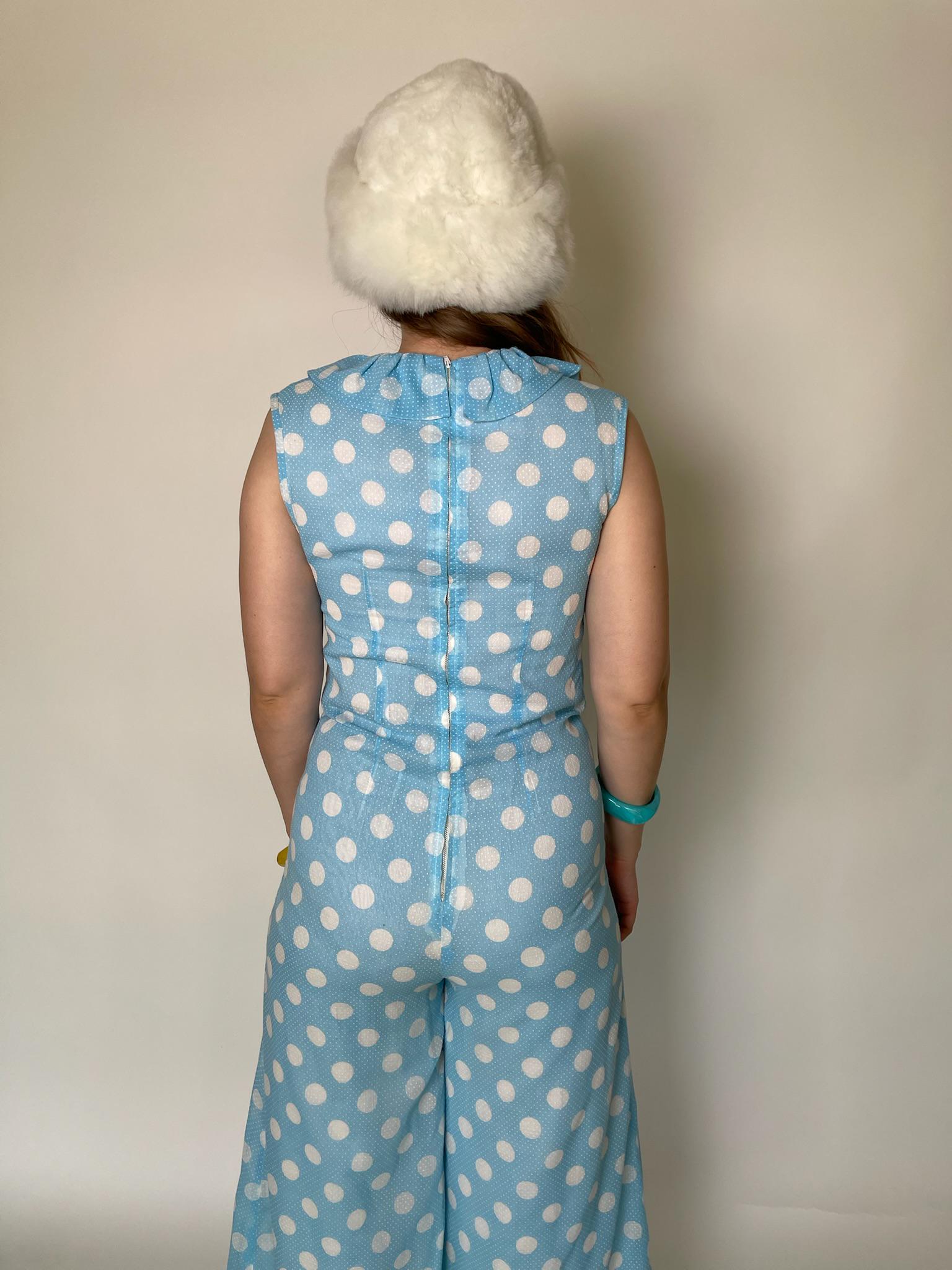 Vintage 60s Blue Jumpsuit with White Polka Dots - Fits Size S, Possibly M