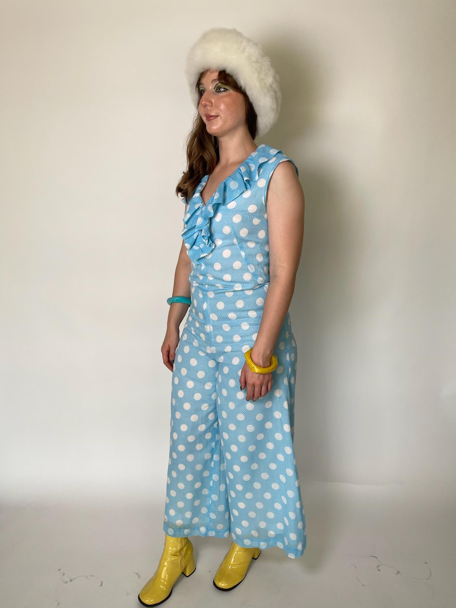 Vintage 60s Blue Jumpsuit with White Polka Dots - Fits Size S, Possibly M
