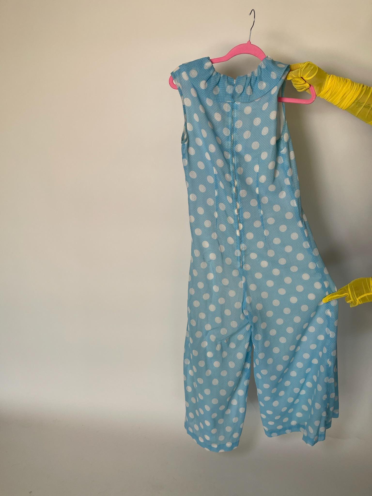 Vintage 60s Blue Jumpsuit with White Polka Dots - Fits Size S, Possibly M