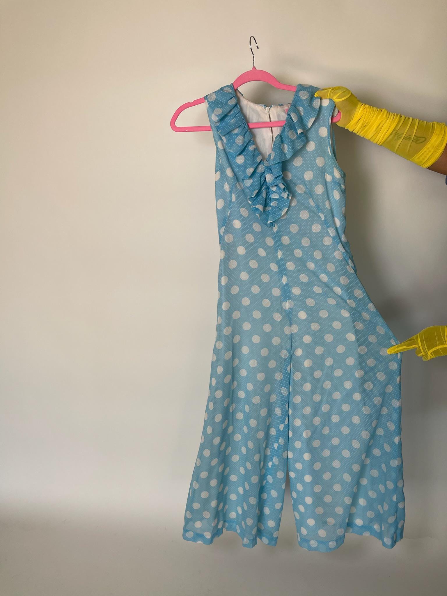 Vintage 60s Blue Jumpsuit with White Polka Dots - Fits Size S, Possibly M