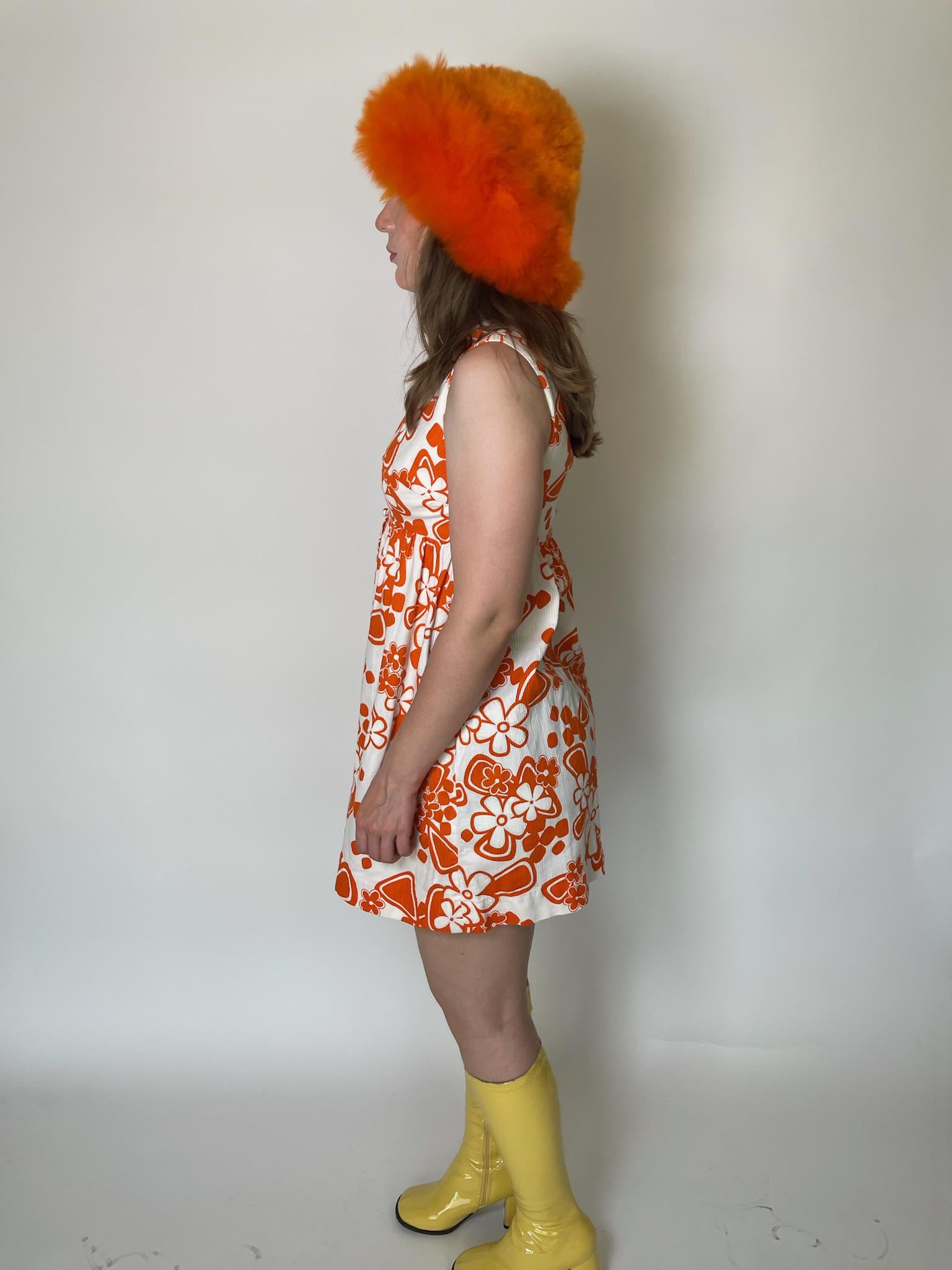 Vintage 60s Orange And White Flower Print Mini Dress - Fits Size S-M