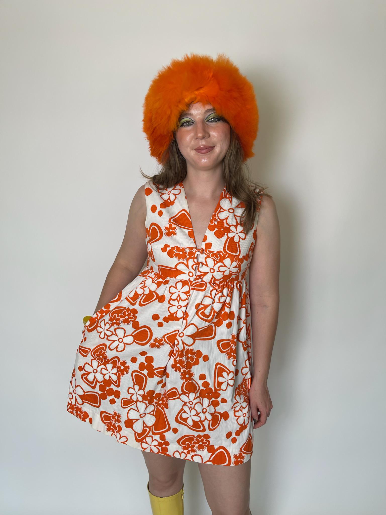 Vintage 60s Orange And White Flower Print Mini Dress - Fits Size S-M