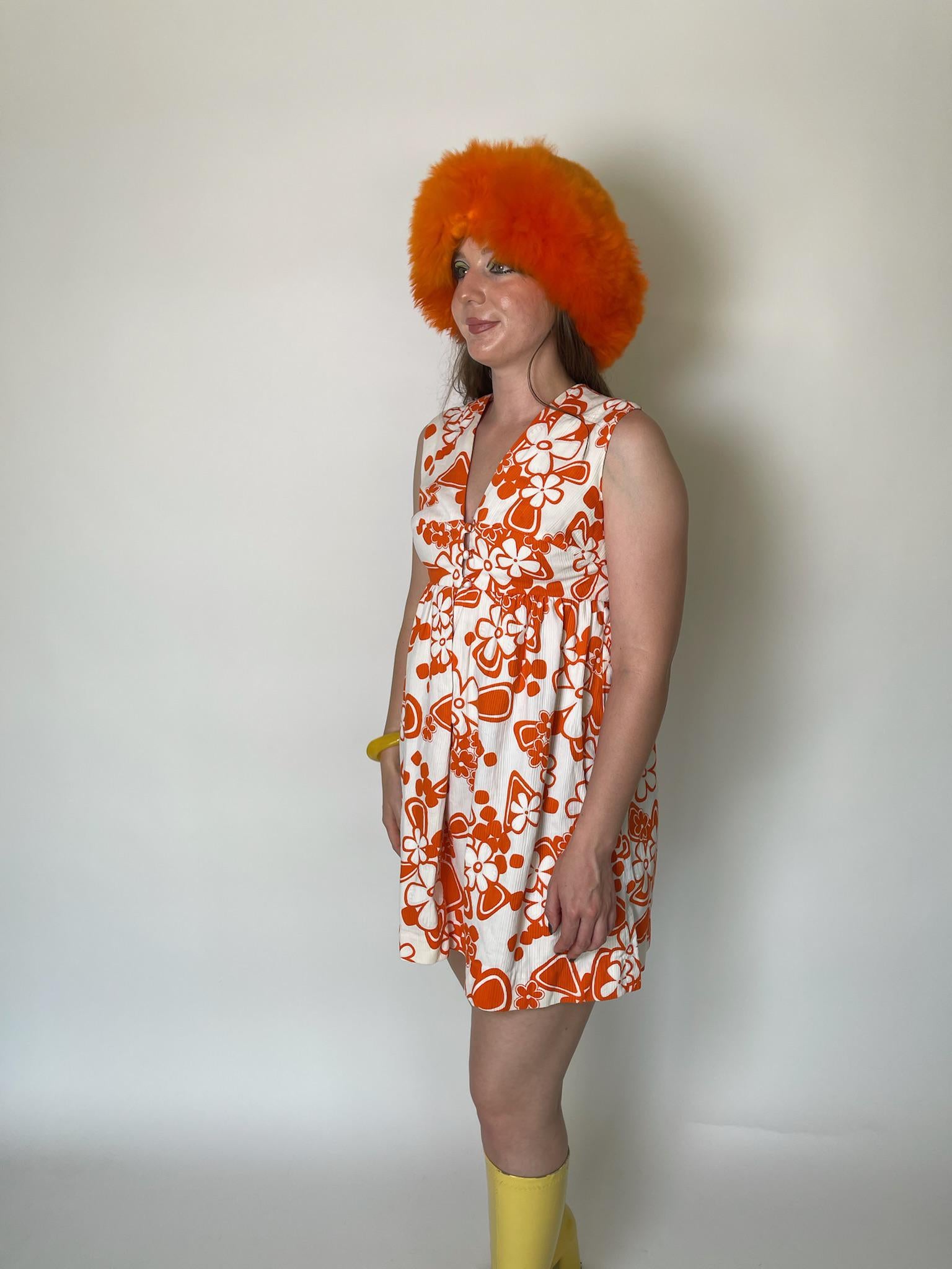 Vintage 60s Orange And White Flower Print Mini Dress - Fits Size S-M