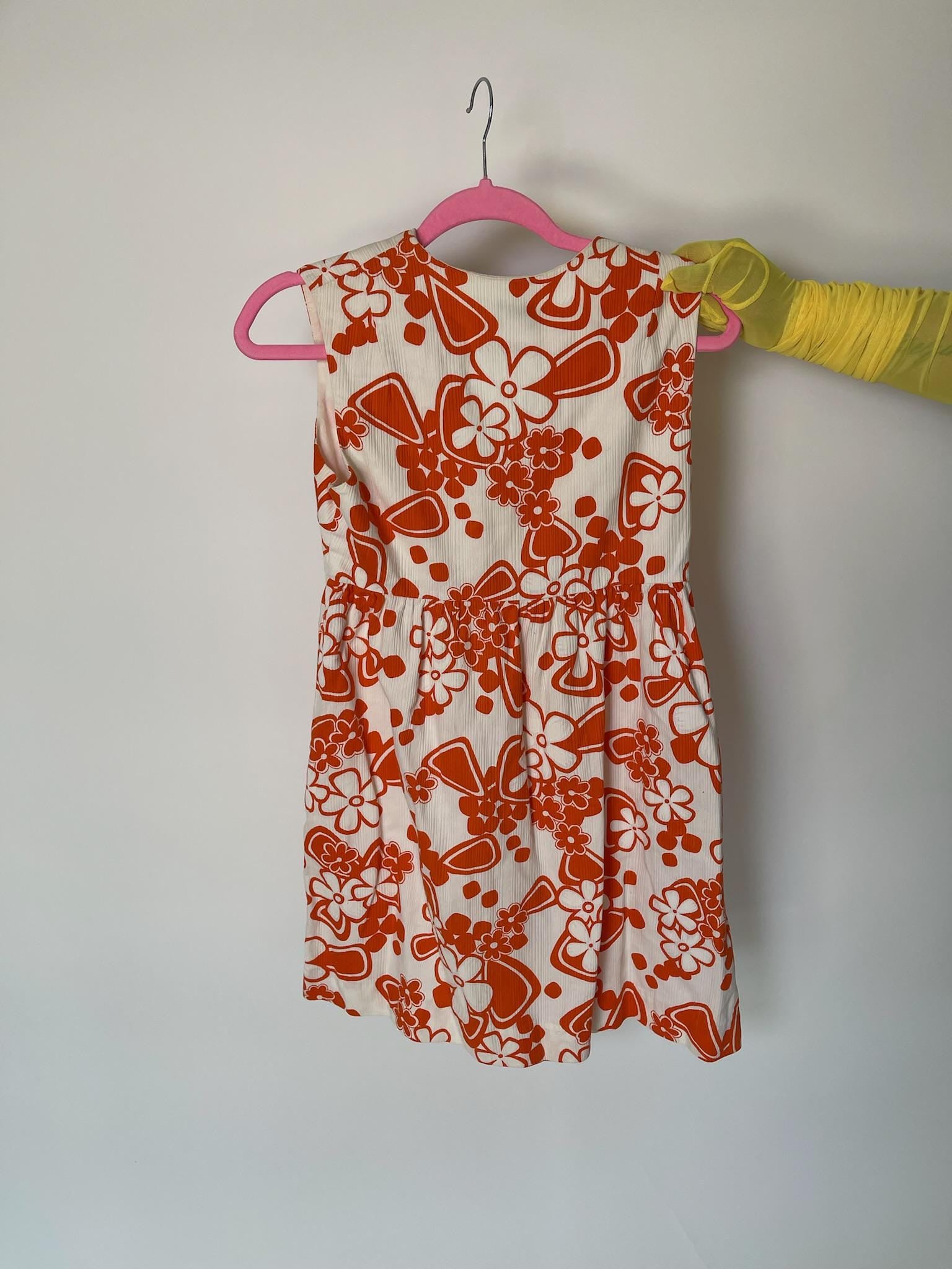 Vintage 60s Orange And White Flower Print Mini Dress - Fits Size S-M