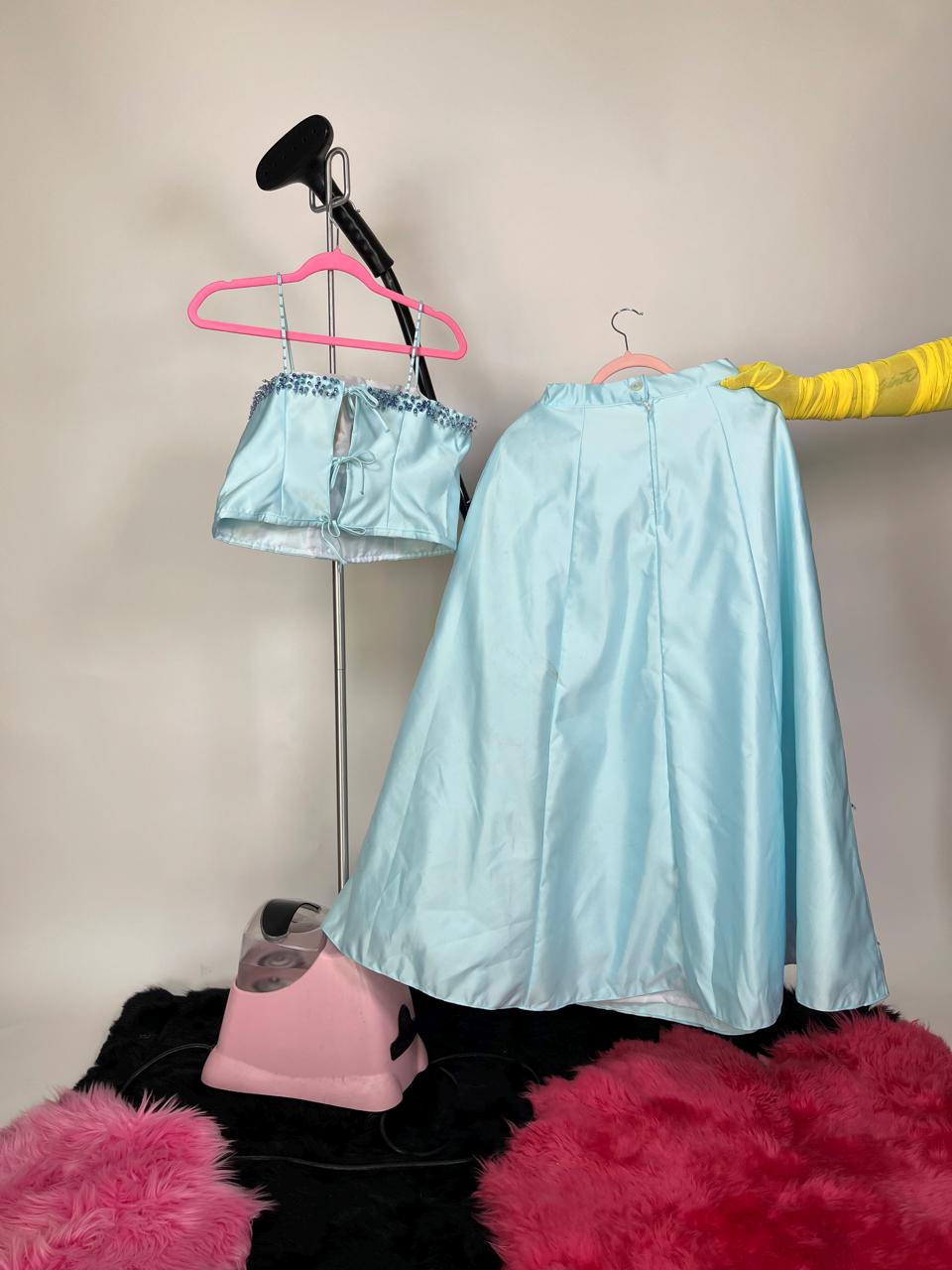 Vintage 60s 70s Reworked Blue Beaded Skirt Set - Fit S-M
