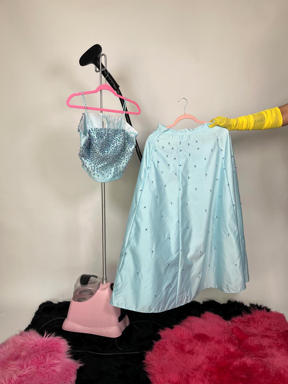 Vintage 60s 70s Reworked Blue Beaded Skirt Set - Fit S-M