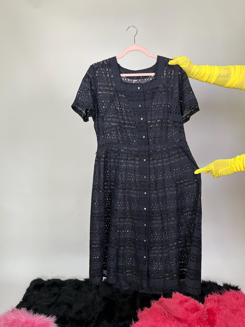 Vintage 50s Black Cotton Eyelet Dress - Fits Size M-L