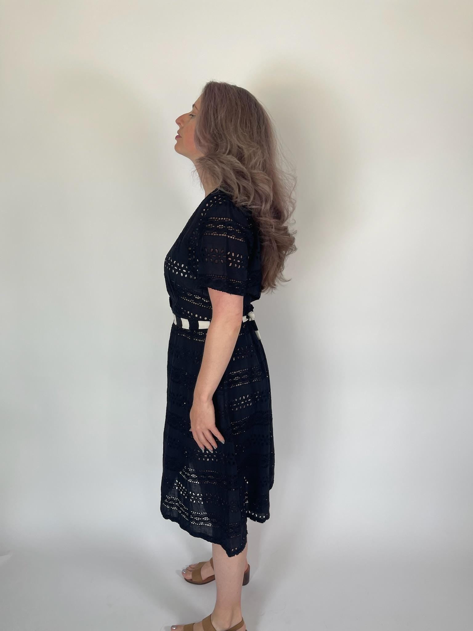 Vintage 50s Black Cotton Eyelet Dress - Fits Size M-L