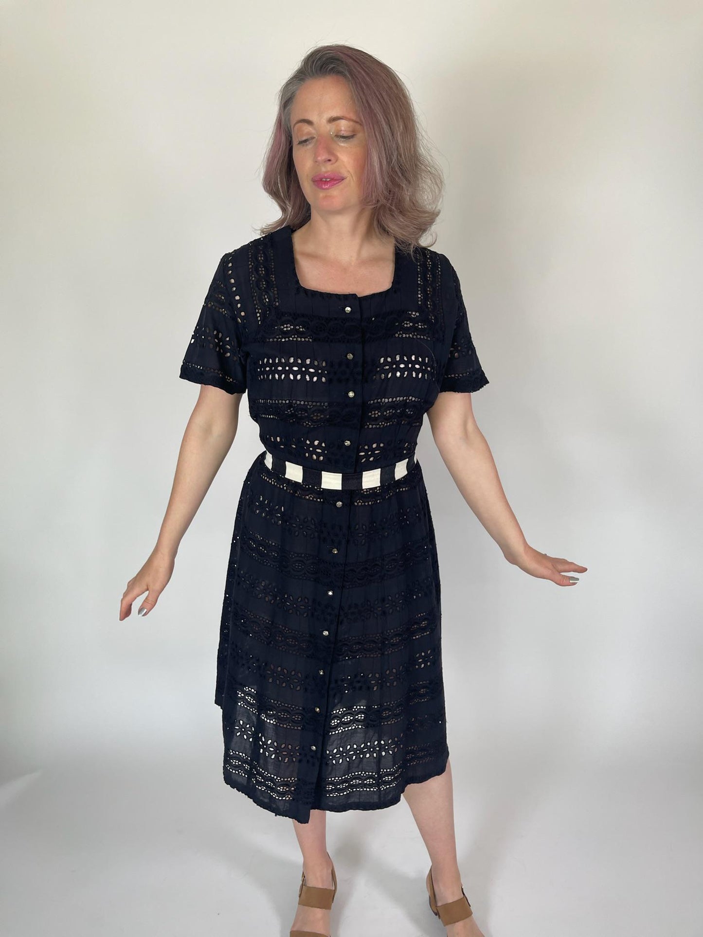 Vintage 50s Black Cotton Eyelet Dress - Fits Size M-L