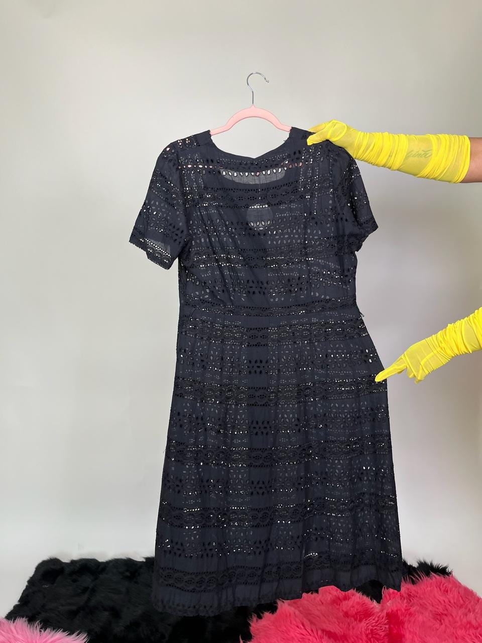 Vintage 50s Black Cotton Eyelet Dress - Fits Size M-L