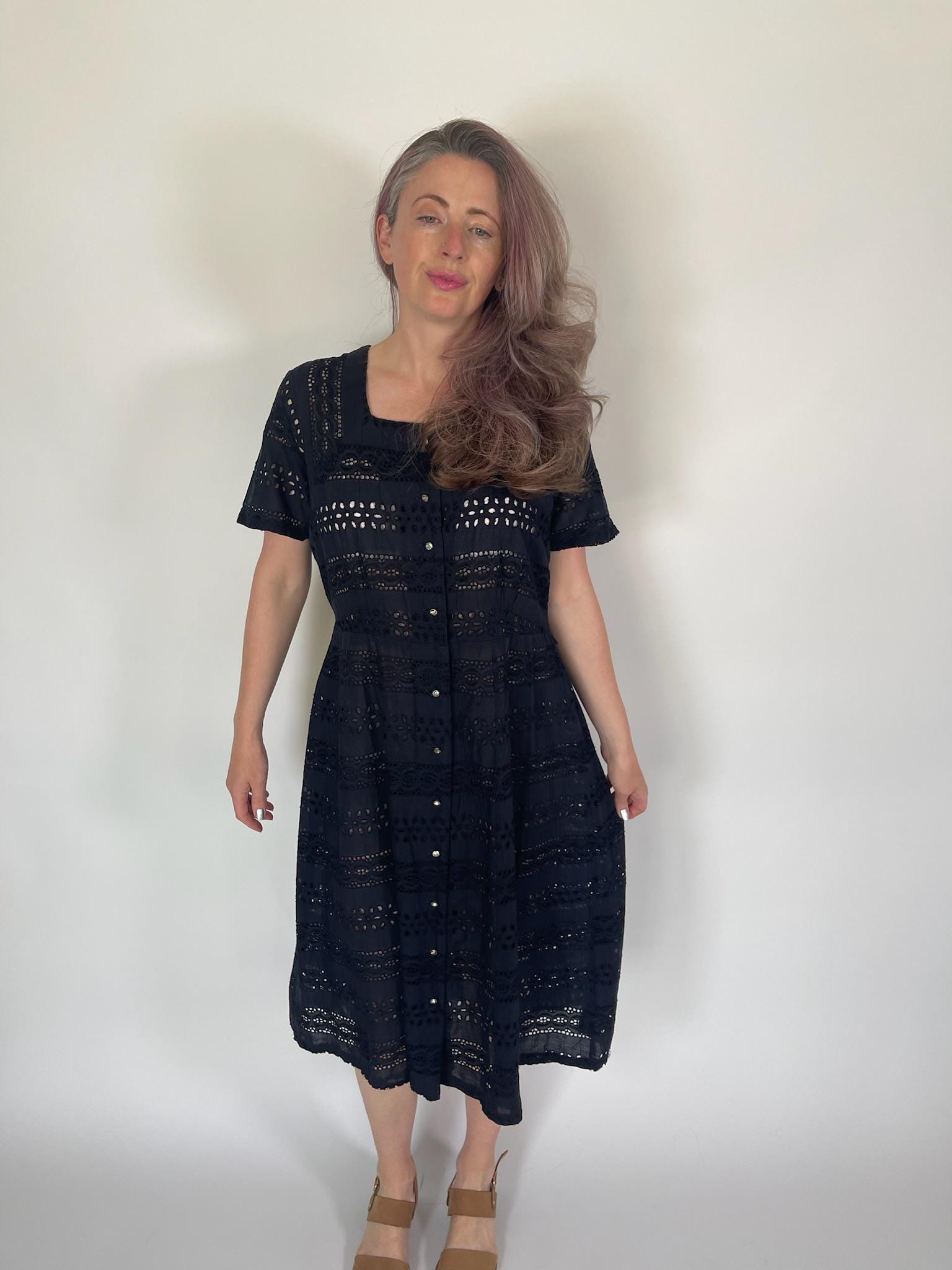 Vintage 50s Black Cotton Eyelet Dress - Fits Size M-L