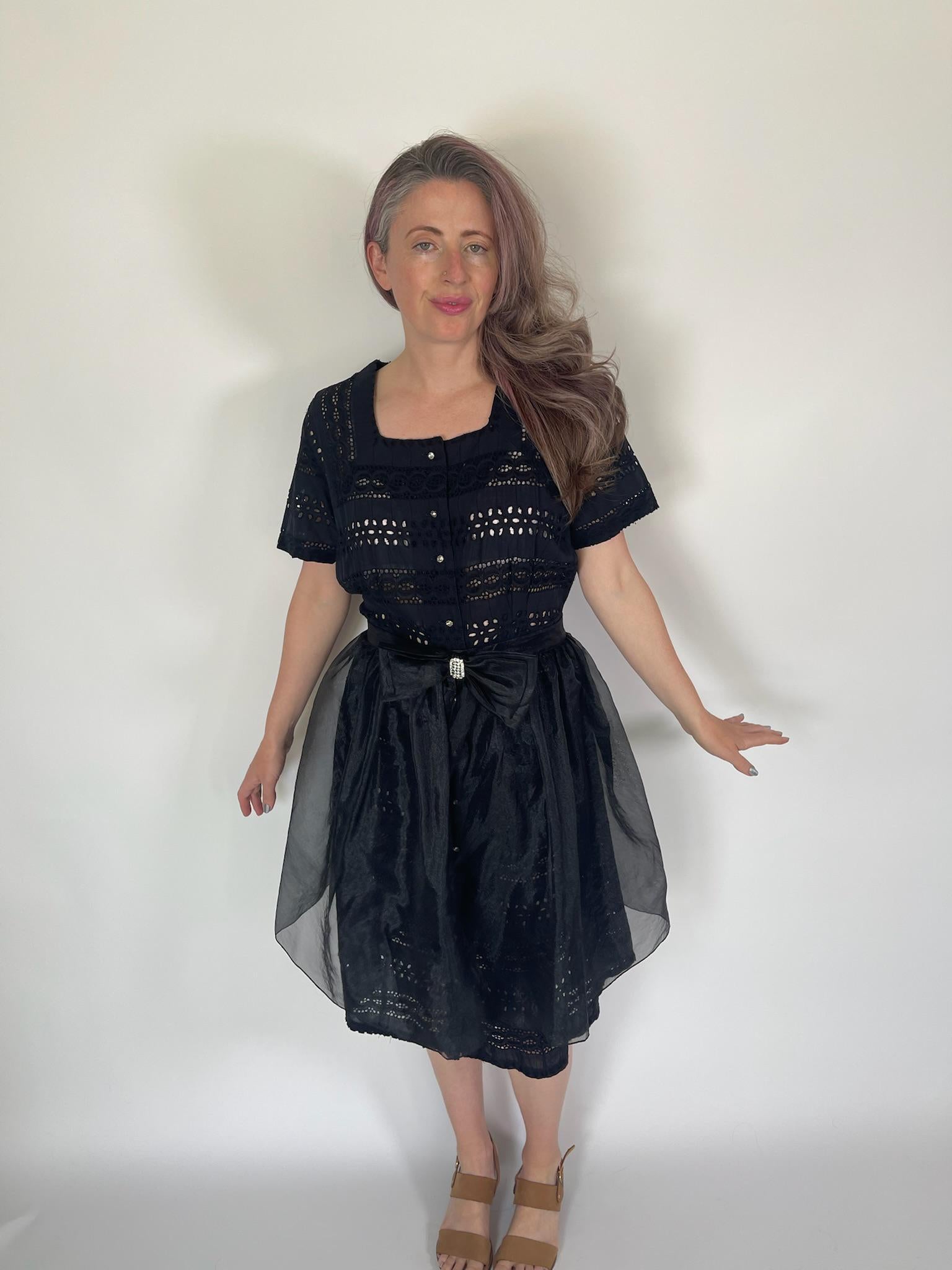 Vintage 80s Black Sheer Organza Overskirt - Fits Size M