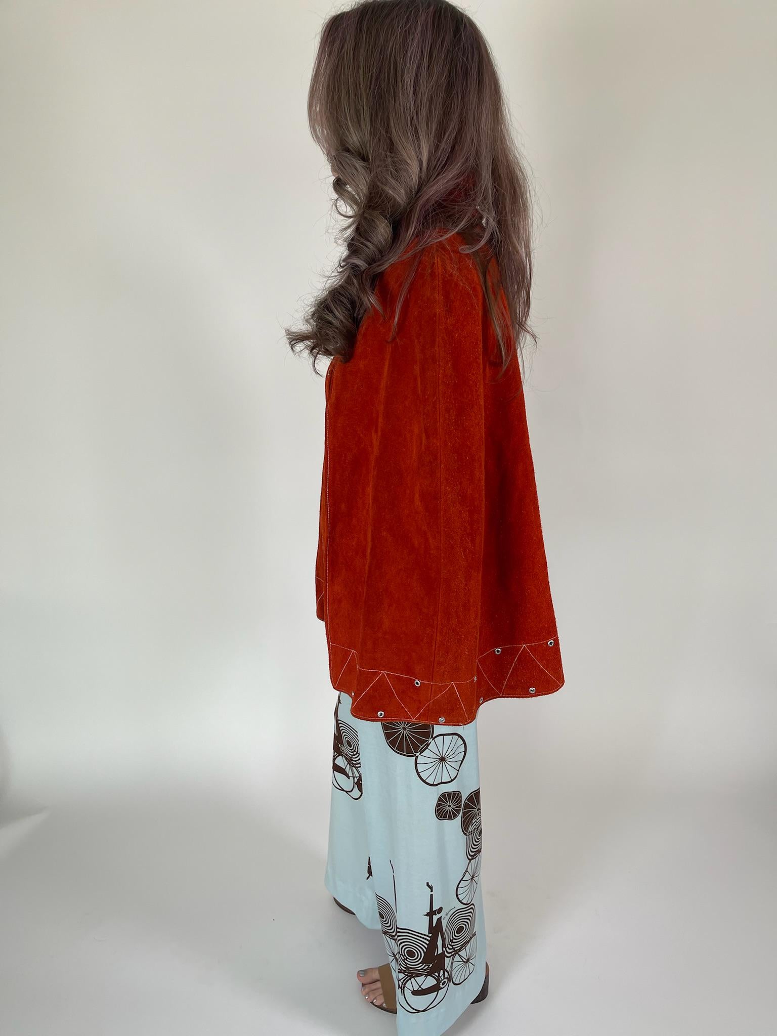Vintage 60s 70s Orange Suede Leather Cape Poncho - Fits Most Sizes