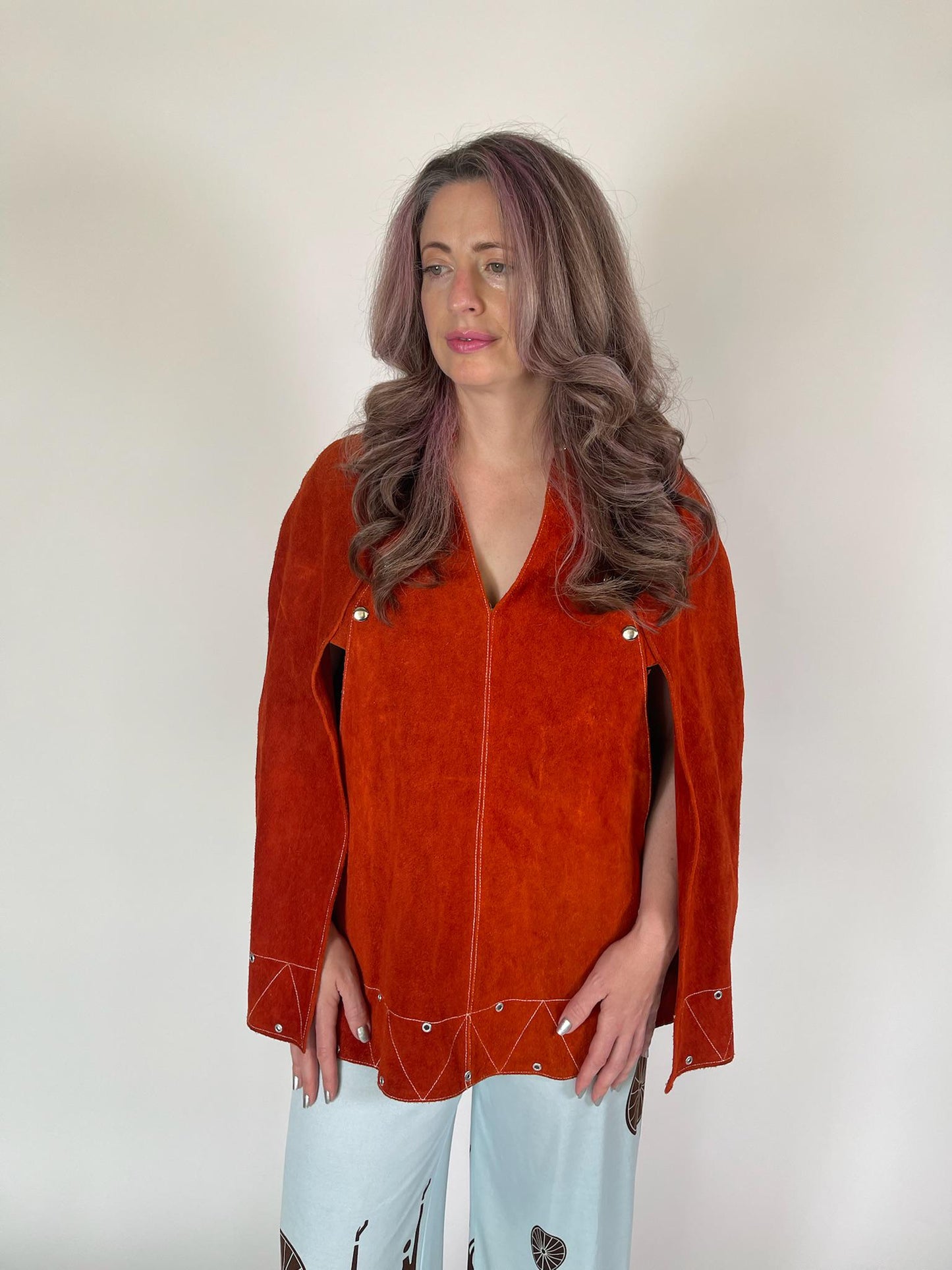 Vintage 60s 70s Orange Suede Leather Cape Poncho - Fits Most Sizes