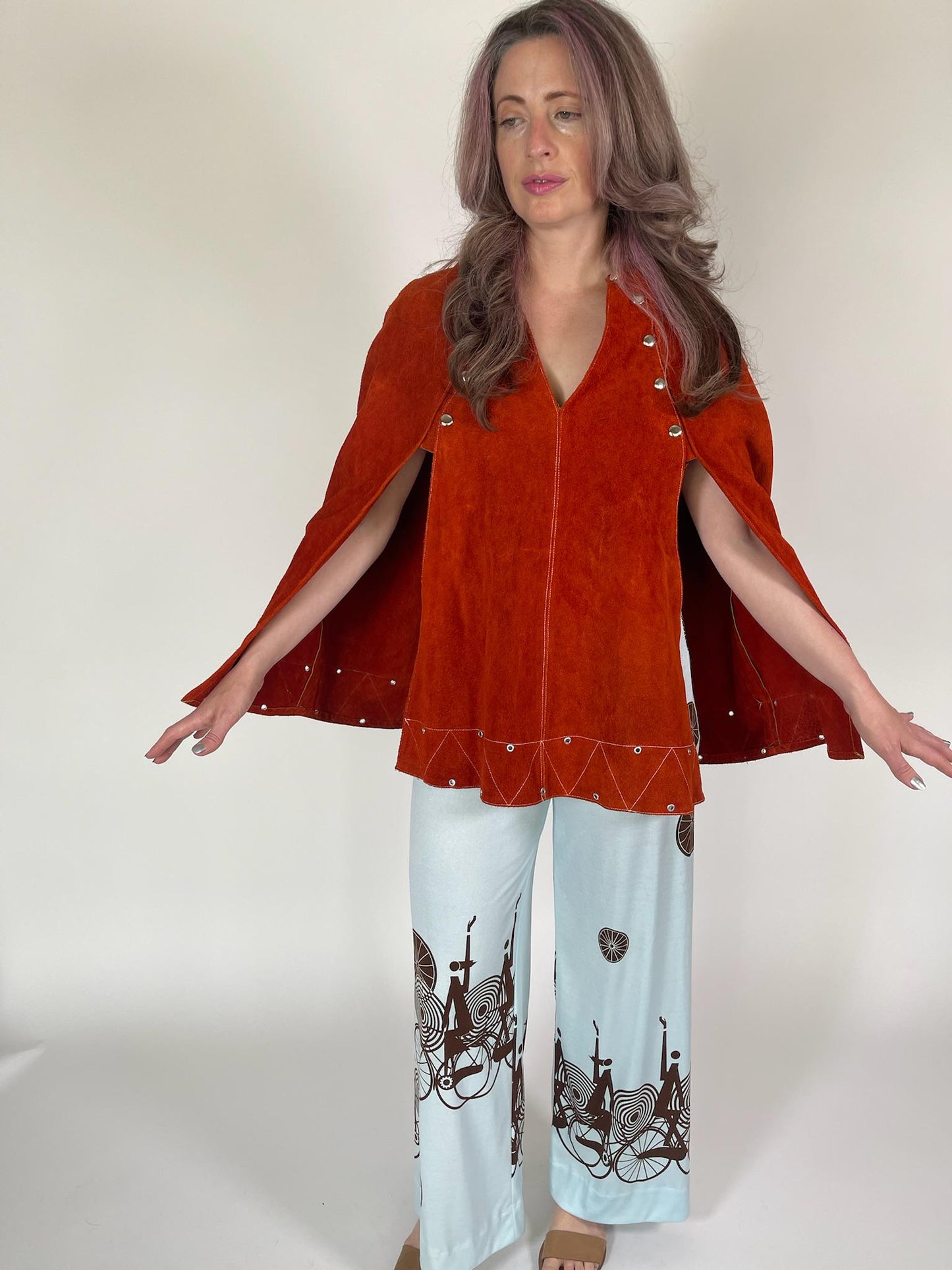Vintage 60s 70s Orange Suede Leather Cape Poncho - Fits Most Sizes