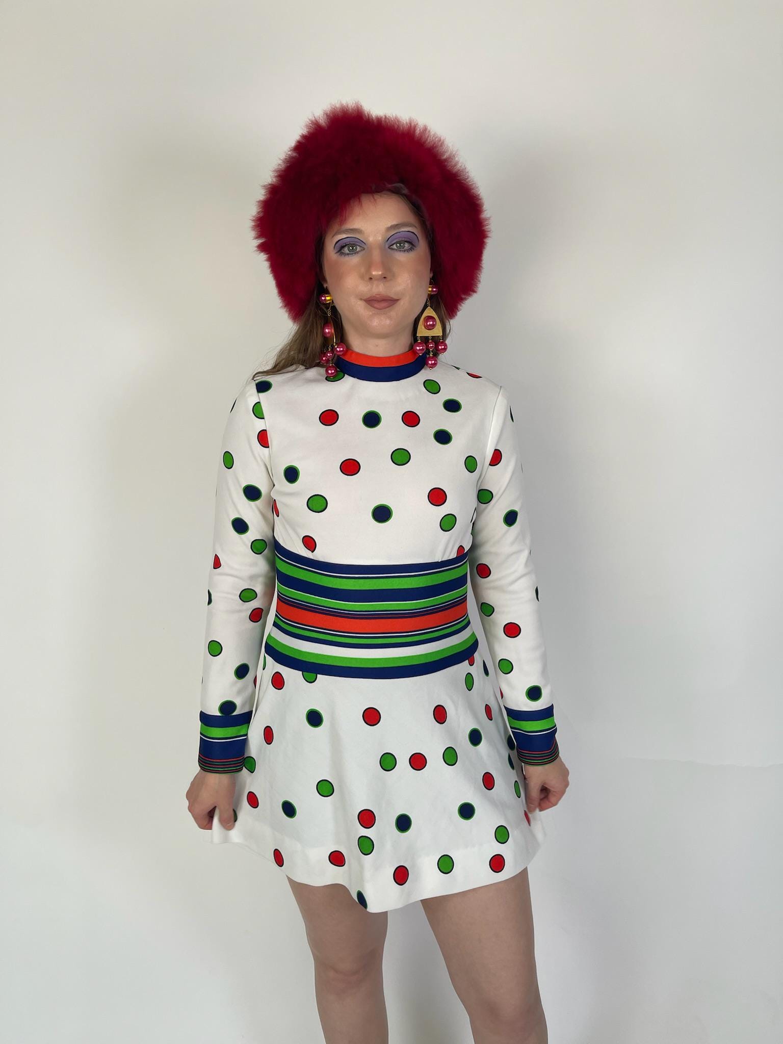 Vintage 60s Polka Dot & Stripes Mod Dress - Fits Size XS-S