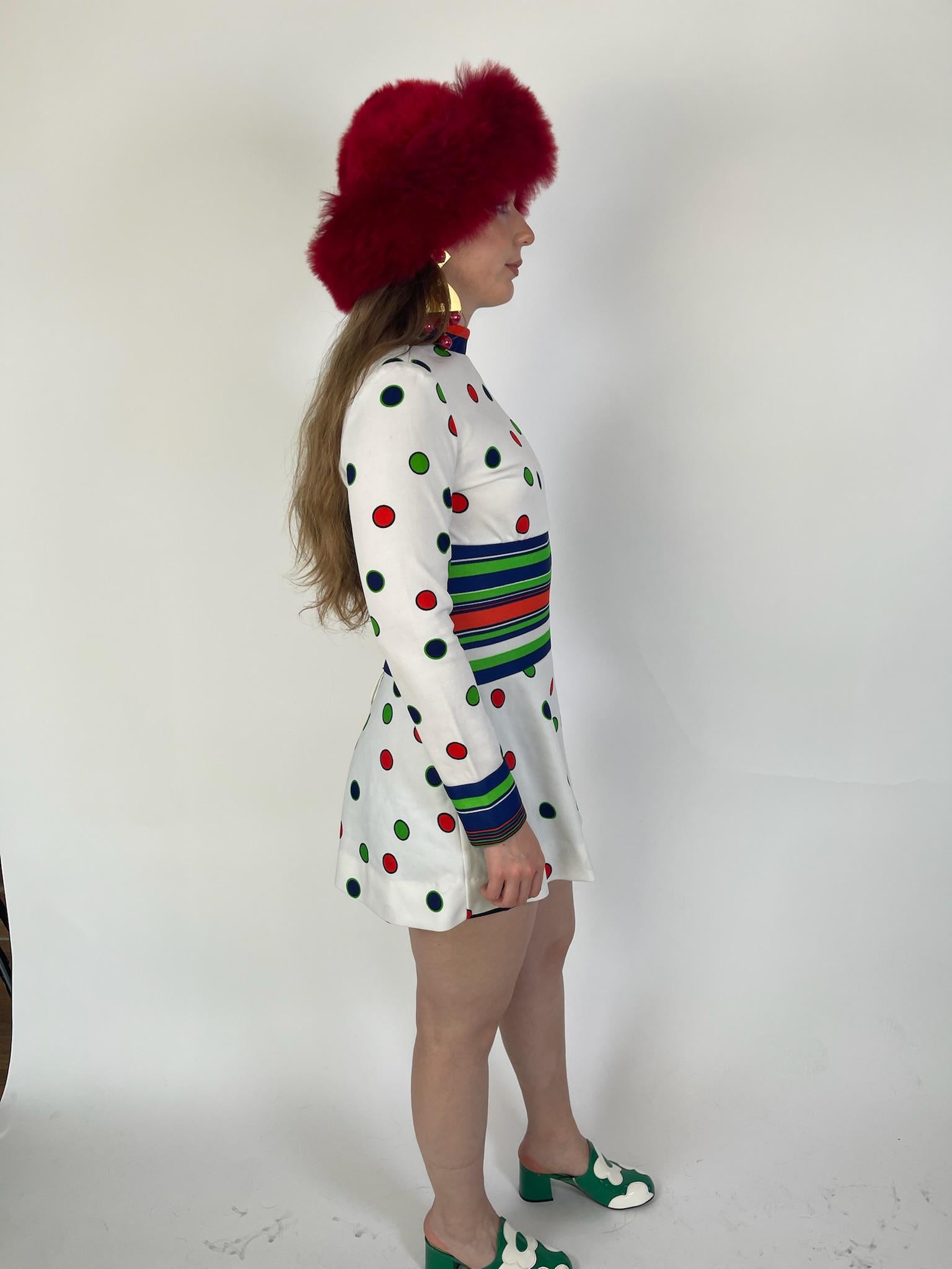 Vintage 60s Polka Dot & Stripes Mod Dress - Fits Size XS-S