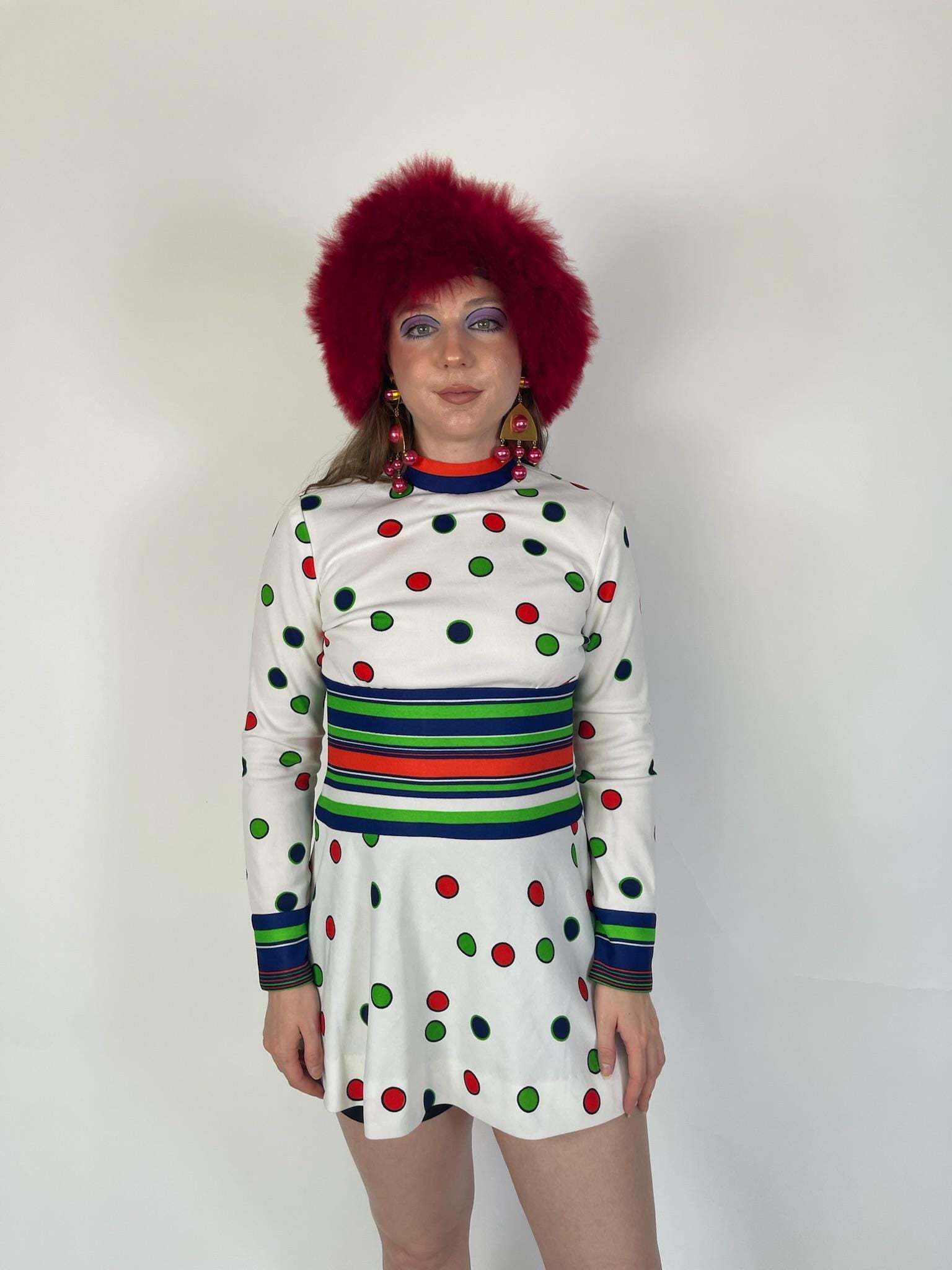 Vintage 60s Polka Dot & Stripes Mod Dress - Fits Size XS-S