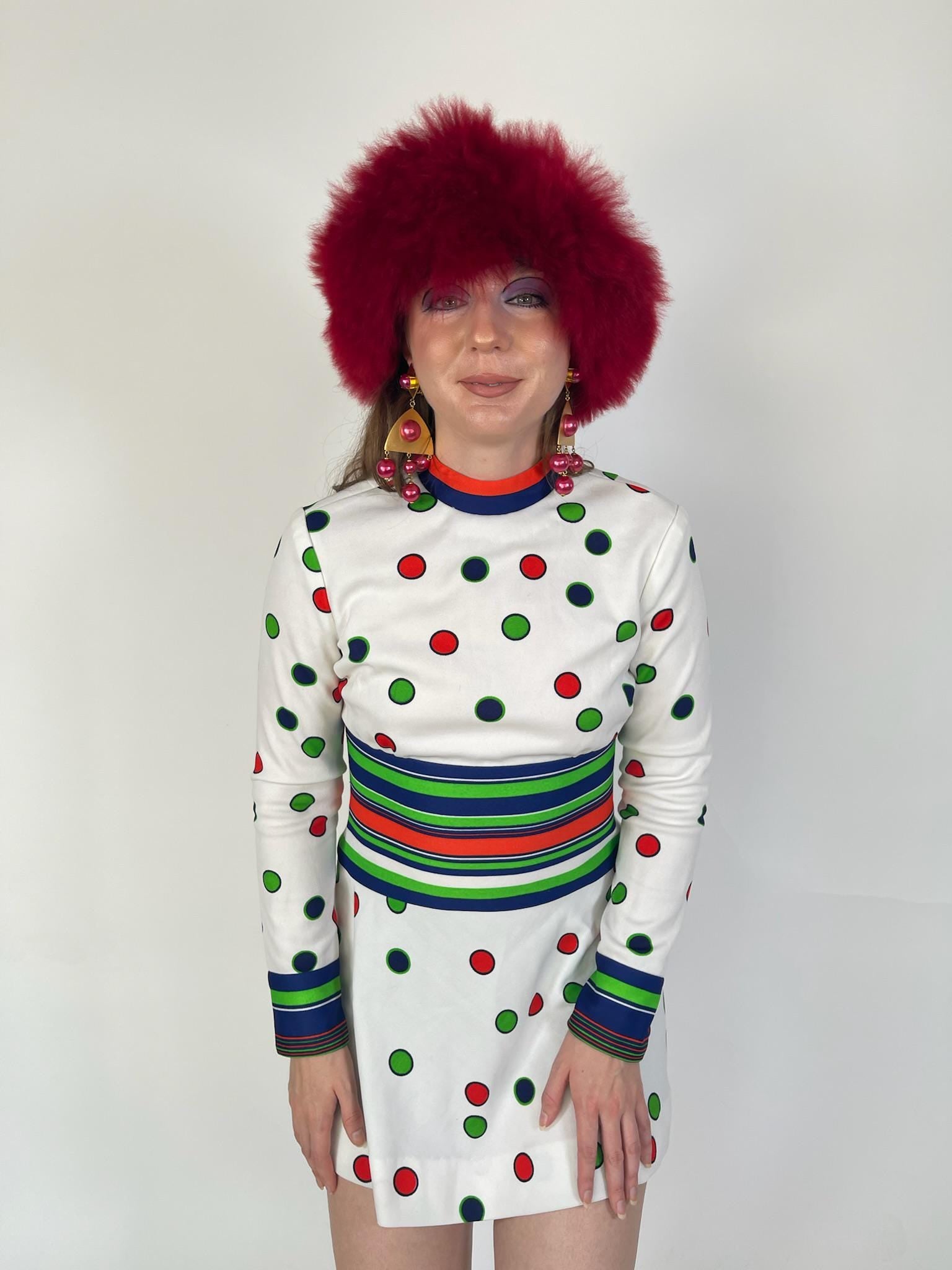 Vintage 60s Polka Dot & Stripes Mod Dress - Fits Size XS-S