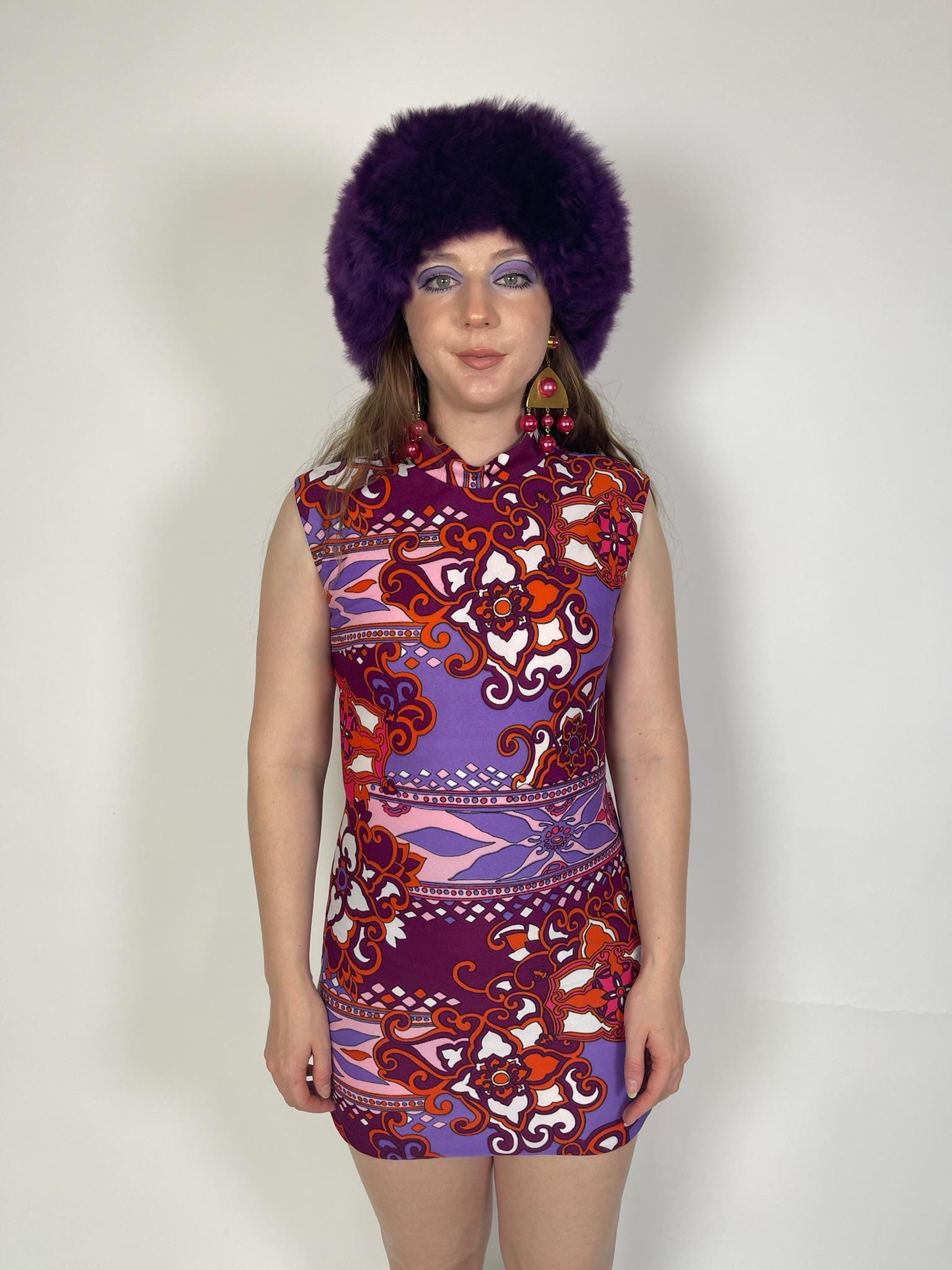 Vintage 60s Purple & Orange Psychedelic Mini Dress - Fits Size XS-S