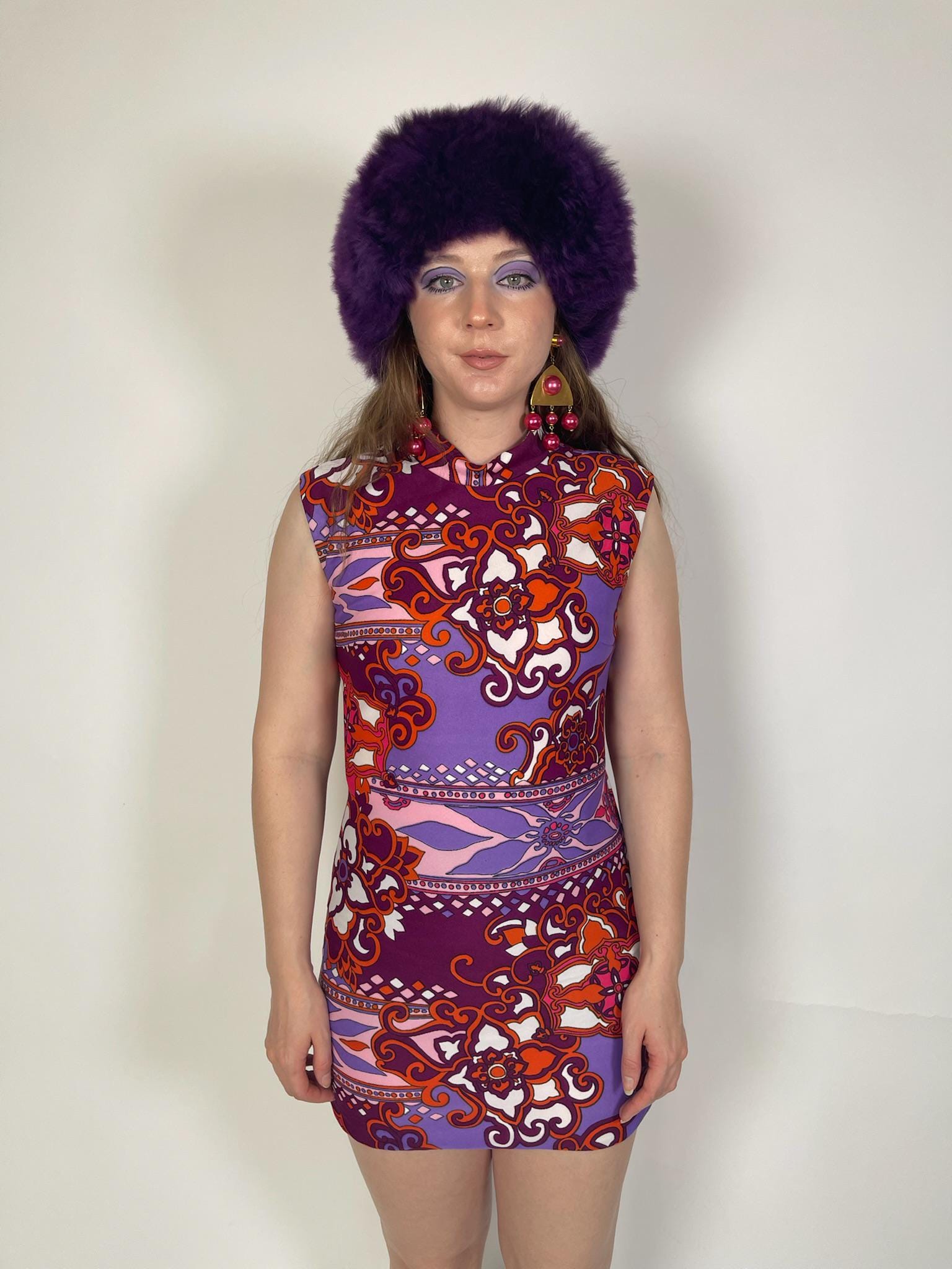 Vintage 60s Purple & Orange Psychedelic Mini Dress - Fits Size XS-S