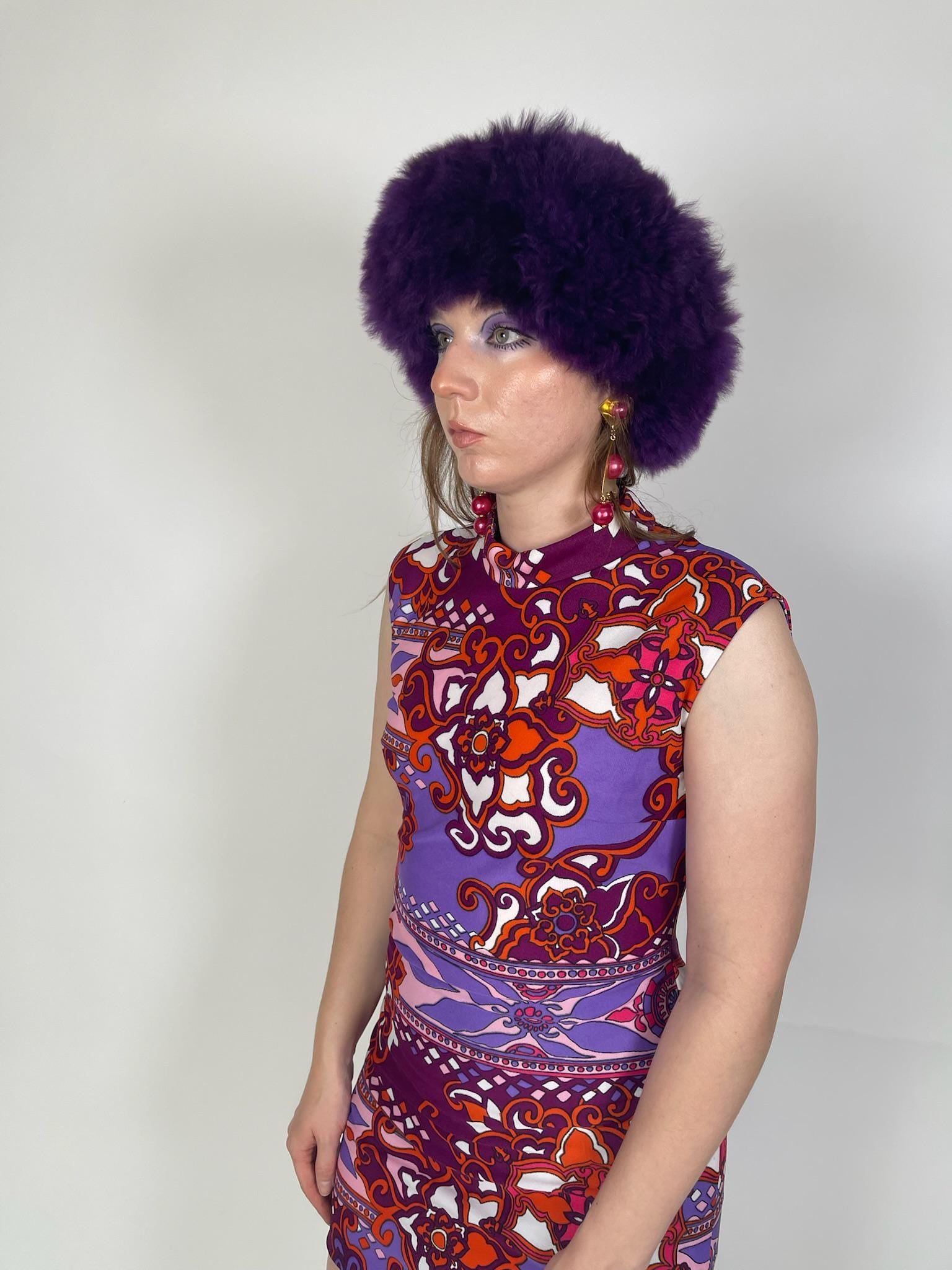 Vintage 60s Purple & Orange Psychedelic Mini Dress - Fits Size XS-S