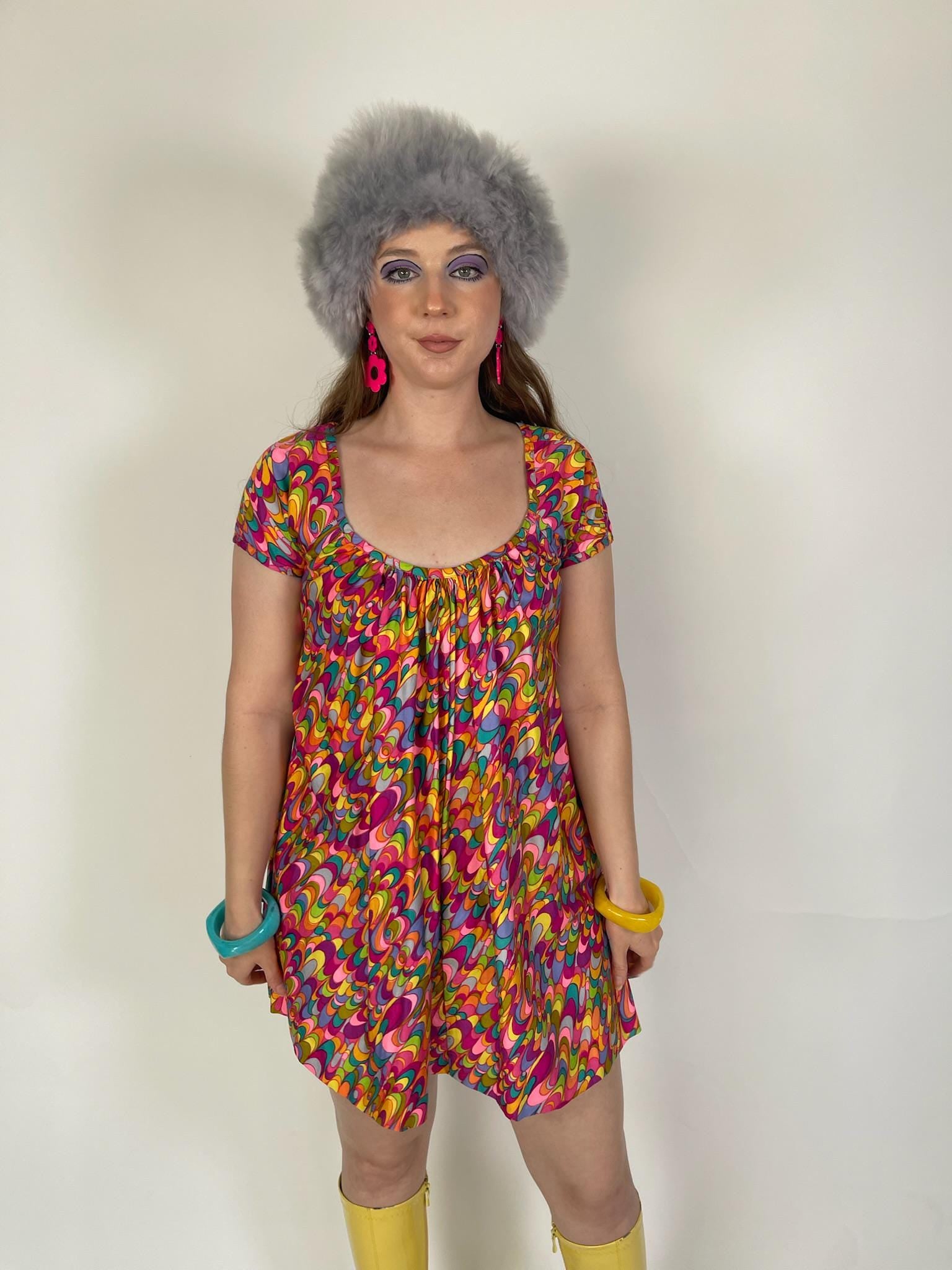 Vintage 60s 70s Trapeze Swirl Print Mini Dress - Fits Size XS-M
