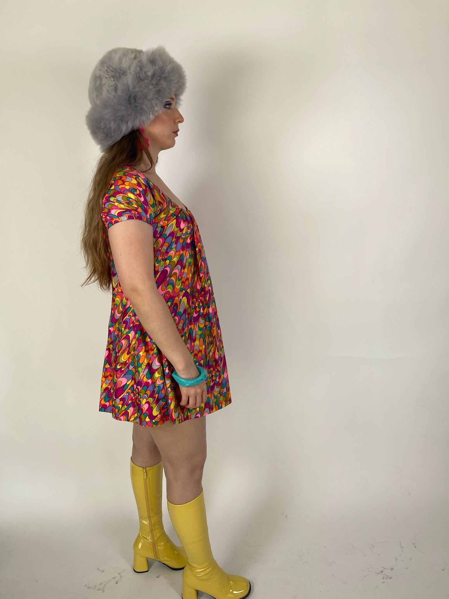 Vintage 60s 70s Trapeze Swirl Print Mini Dress - Fits Size XS-M