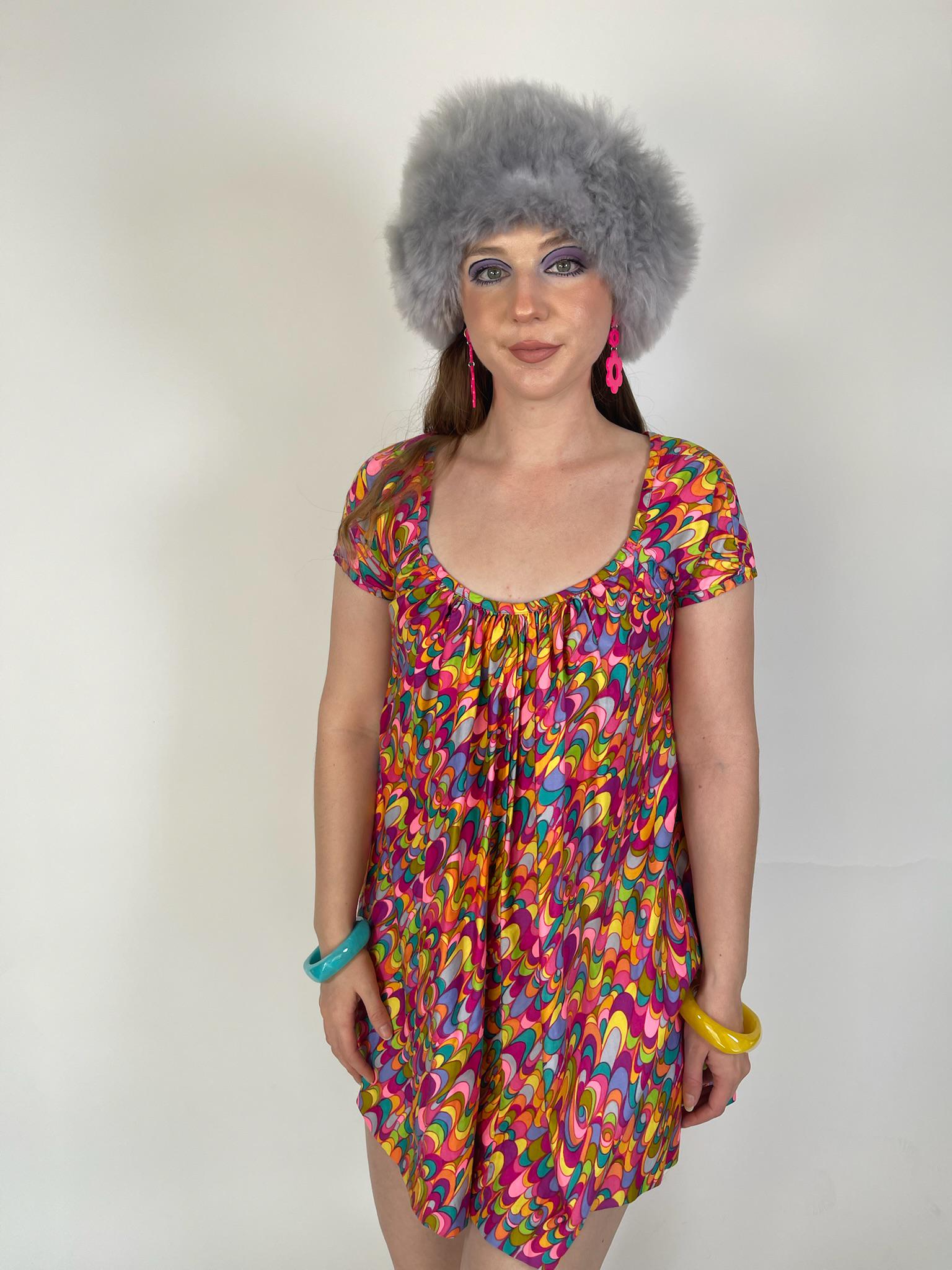 Vintage 60s 70s Trapeze Swirl Print Mini Dress - Fits Size XS-M