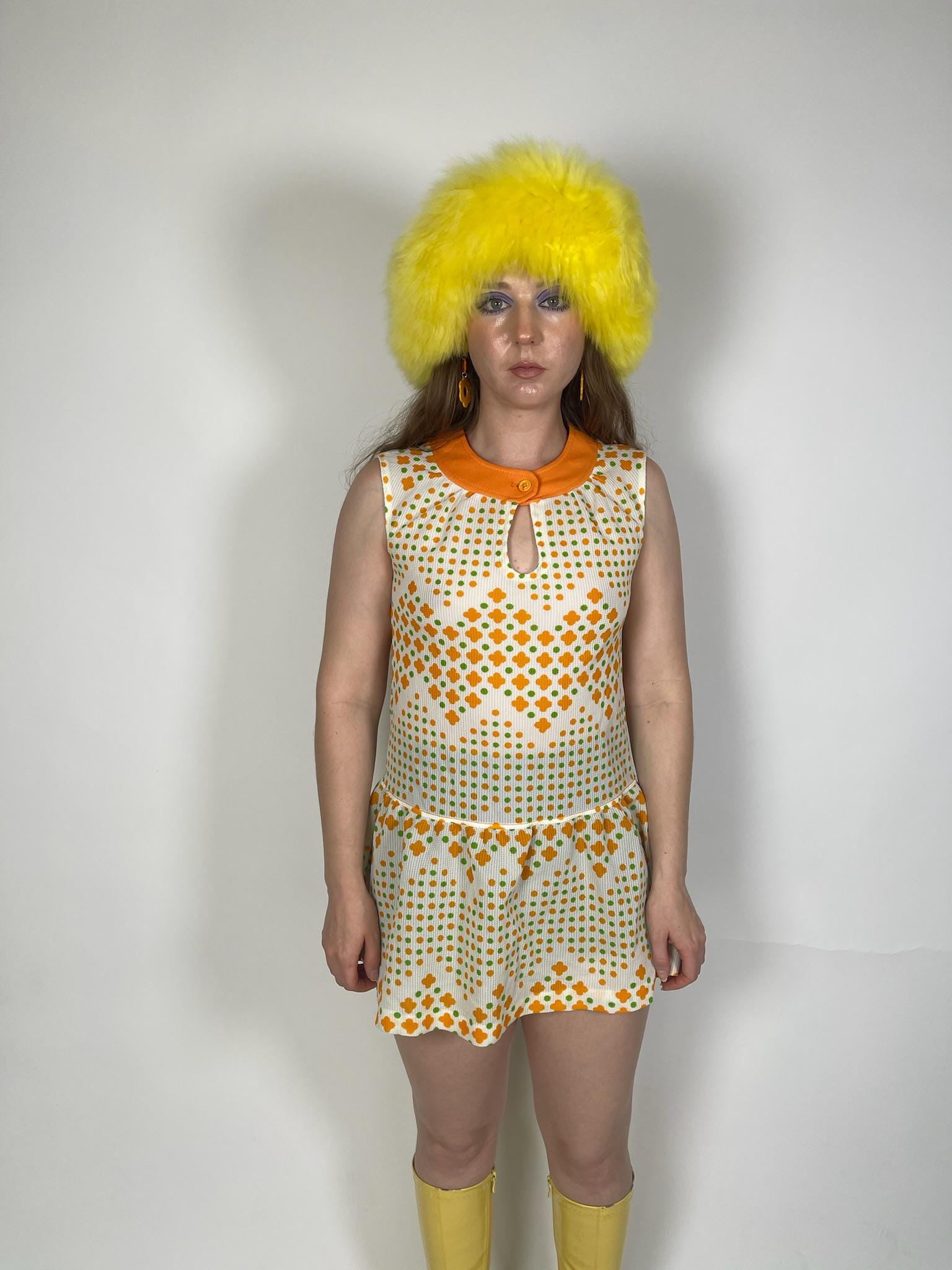 Vintage 60s Green and Orange Drop Waist Mini Dress - Fits Size XS-S