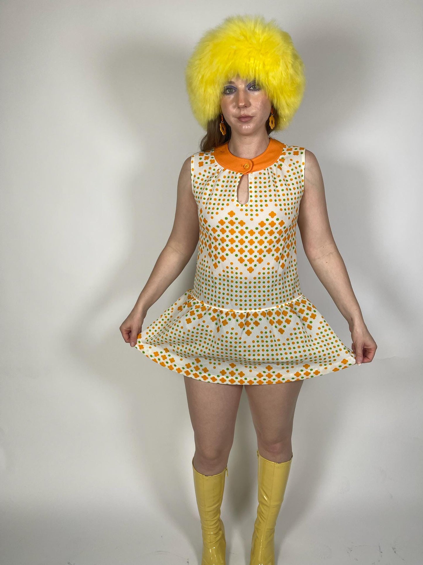 Vintage 60s Green and Orange Drop Waist Mini Dress - Fits Size XS-S