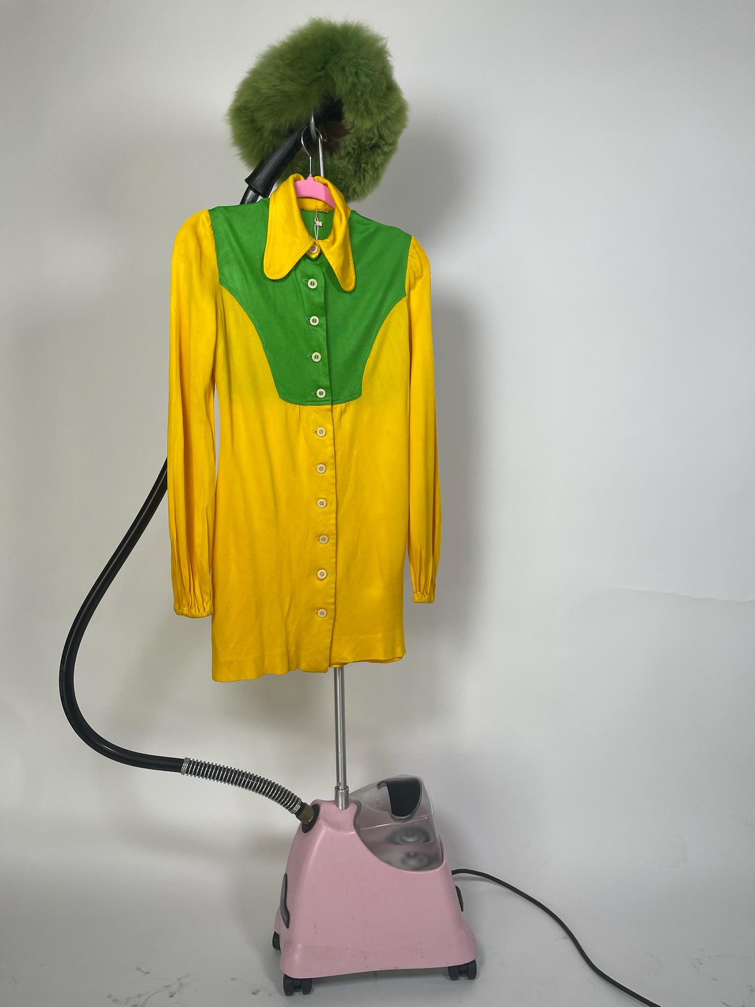 Vintage 60s 70s Yellow And Green Mod Shirt Style Dress - Fits Size XS-S, Possibly M