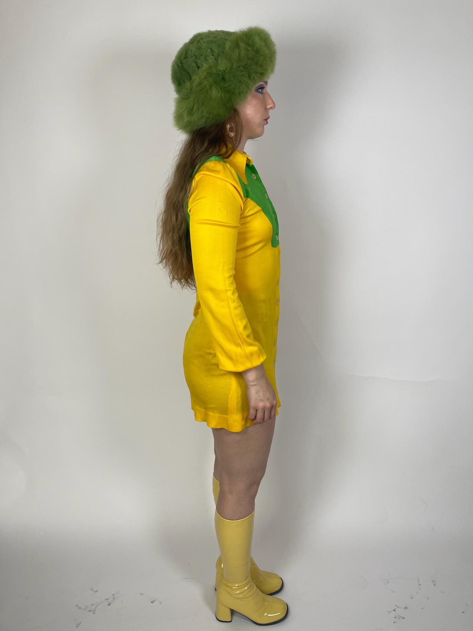 Vintage 60s 70s Yellow And Green Mod Shirt Style Dress - Fits Size XS-S, Possibly M