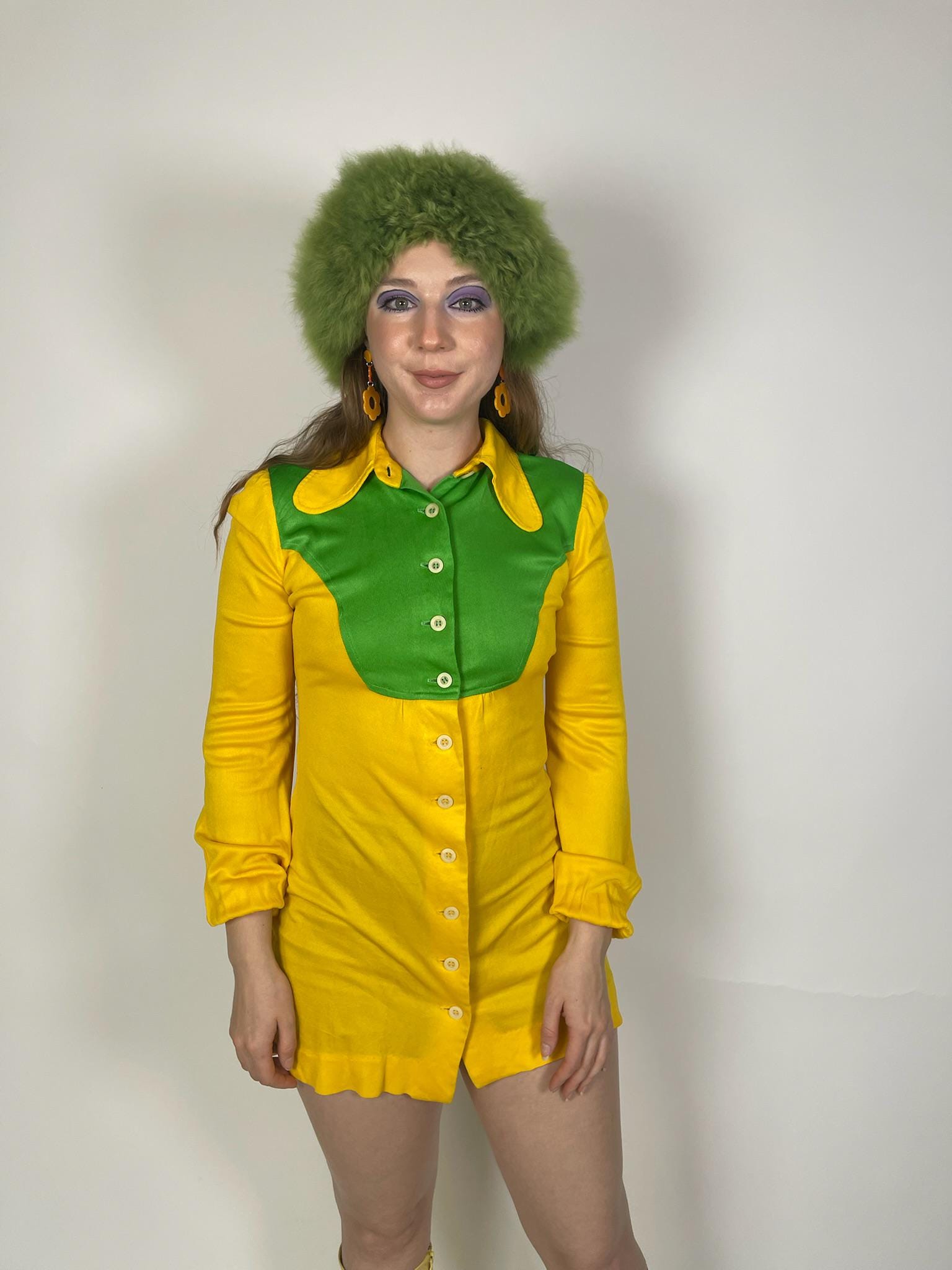 Vintage 60s 70s Yellow And Green Mod Shirt Style Dress - Fits Size XS-S, Possibly M