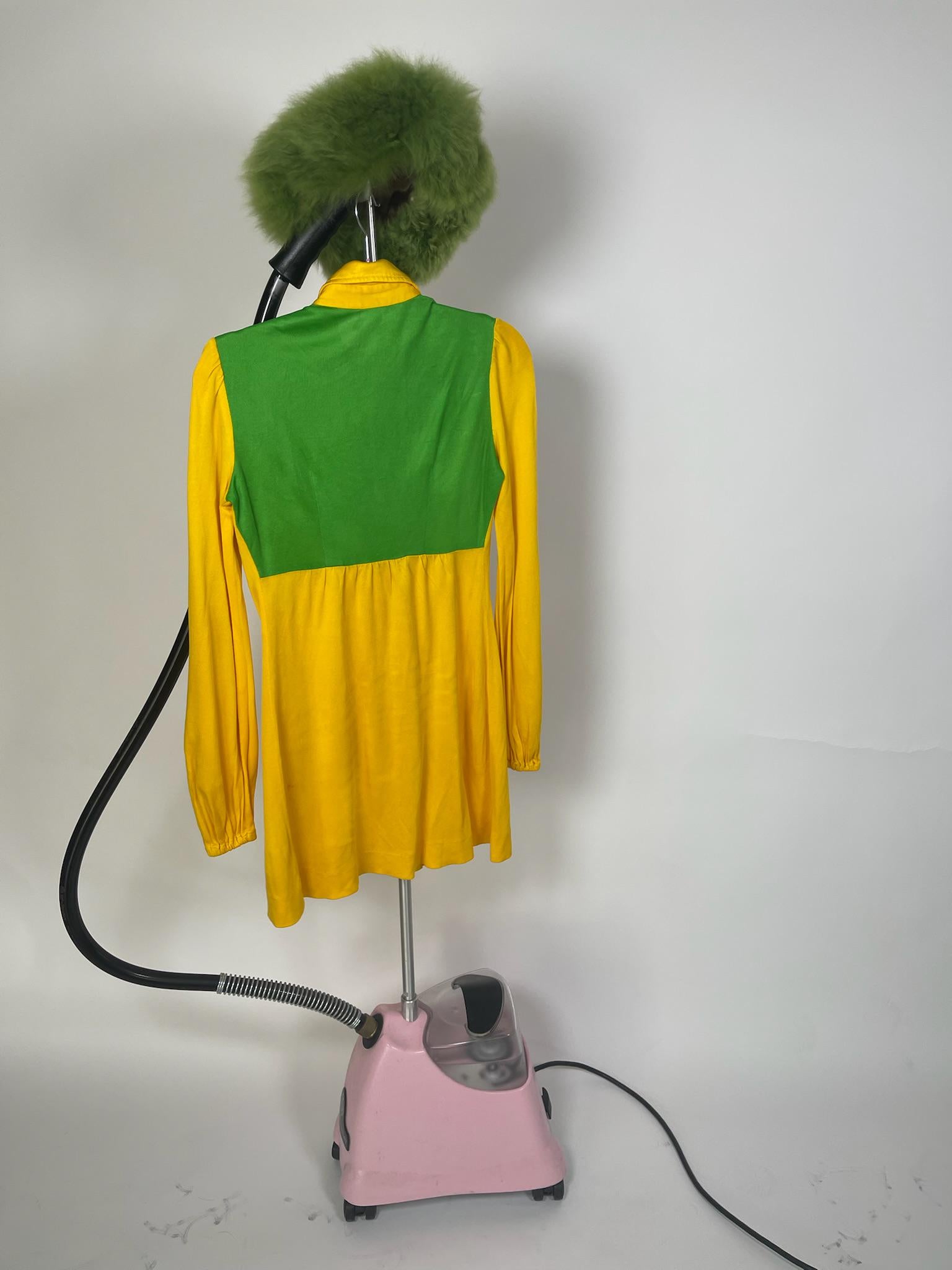 Vintage 60s 70s Yellow And Green Mod Shirt Style Dress - Fits Size XS-S, Possibly M