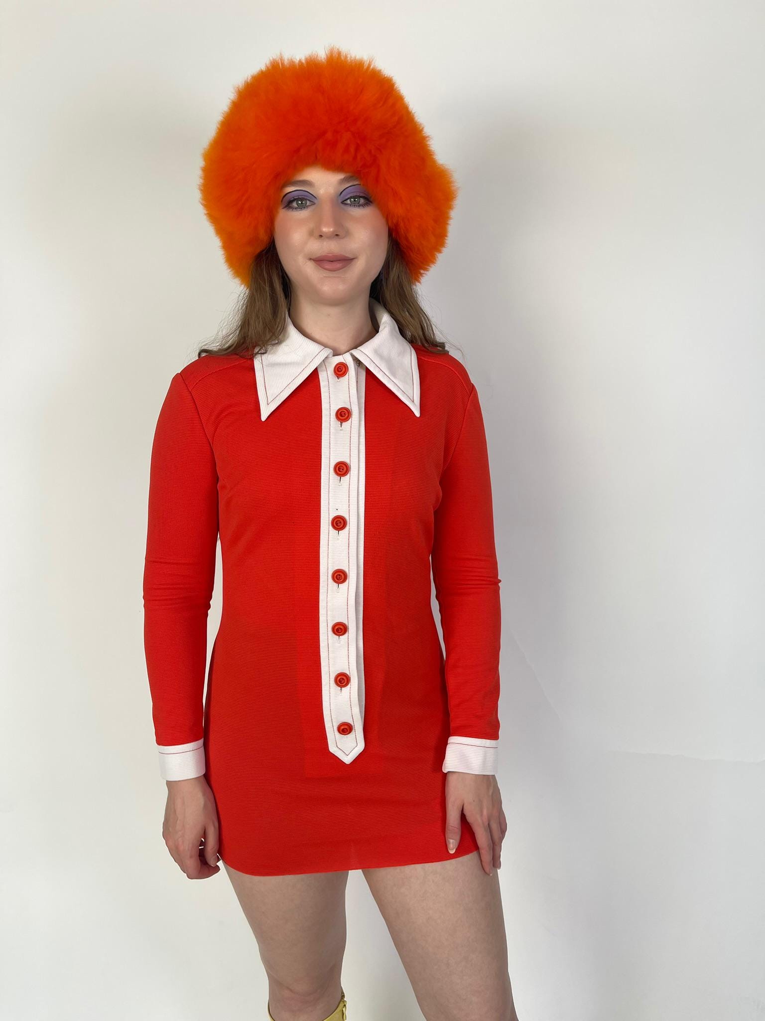 Vintage 60s 70s Red And White Dagger Collar Mini Dress - Fits Size XS-S, Possible M