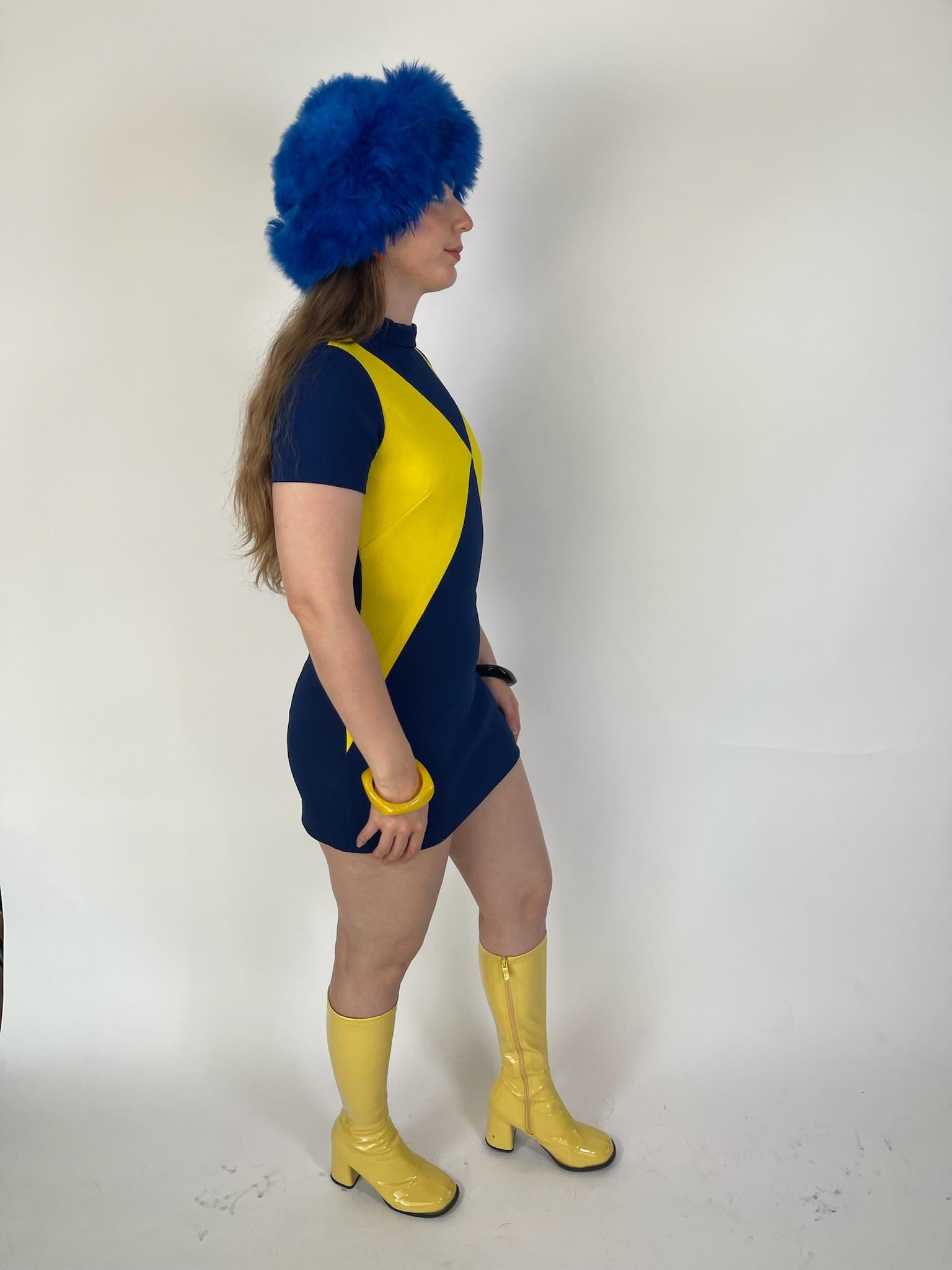 Vintage 60s Mod Navy Blue And Yellow Harlequin Dress - Fits Size XS-S, Possibly M