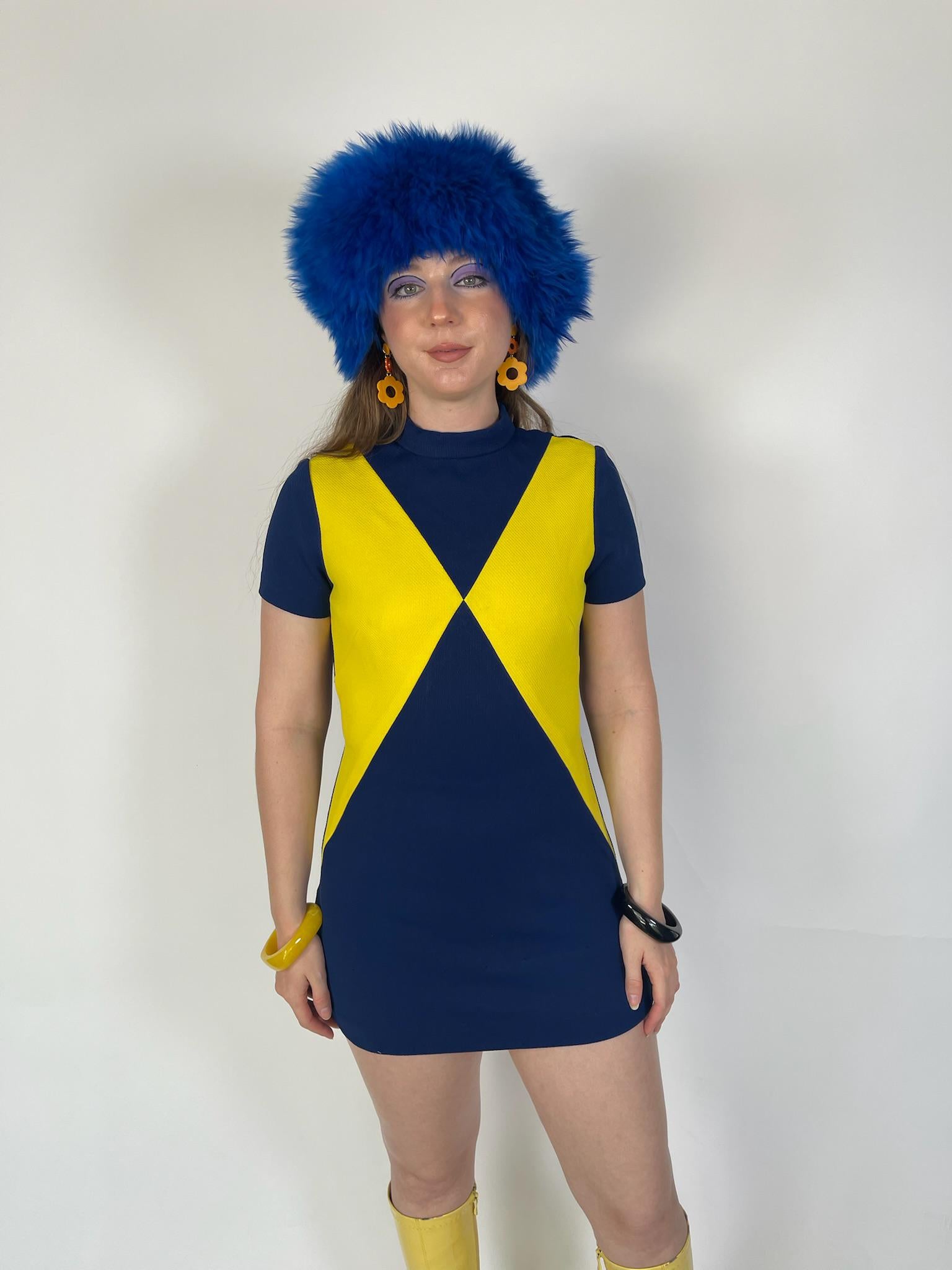 Vintage 60s Mod Navy Blue And Yellow Harlequin Dress - Fits Size XS-S, Possibly M