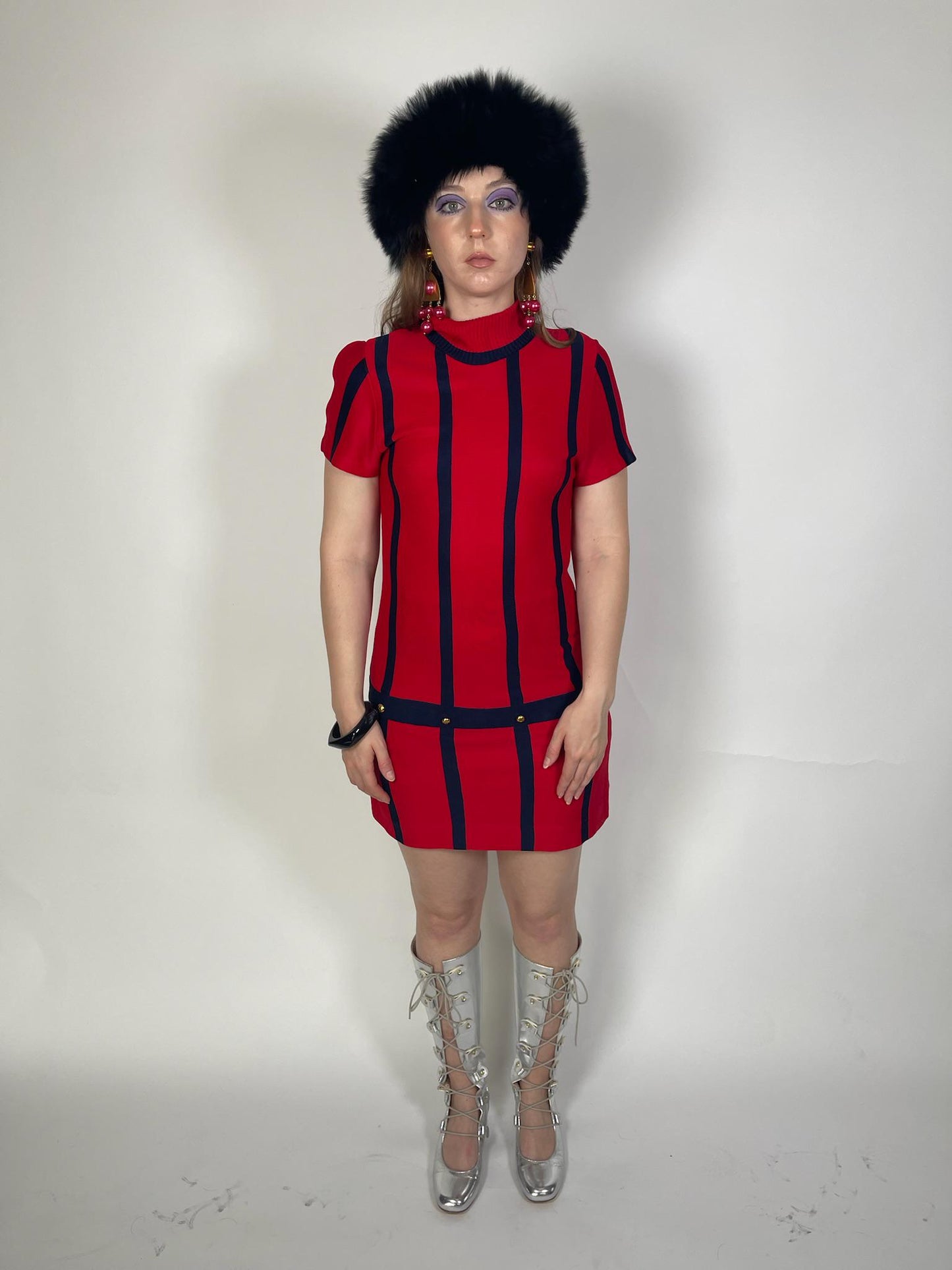 Vintage 60s Navy Blue and Red Mod Knit Dress - Fits Size XS-M