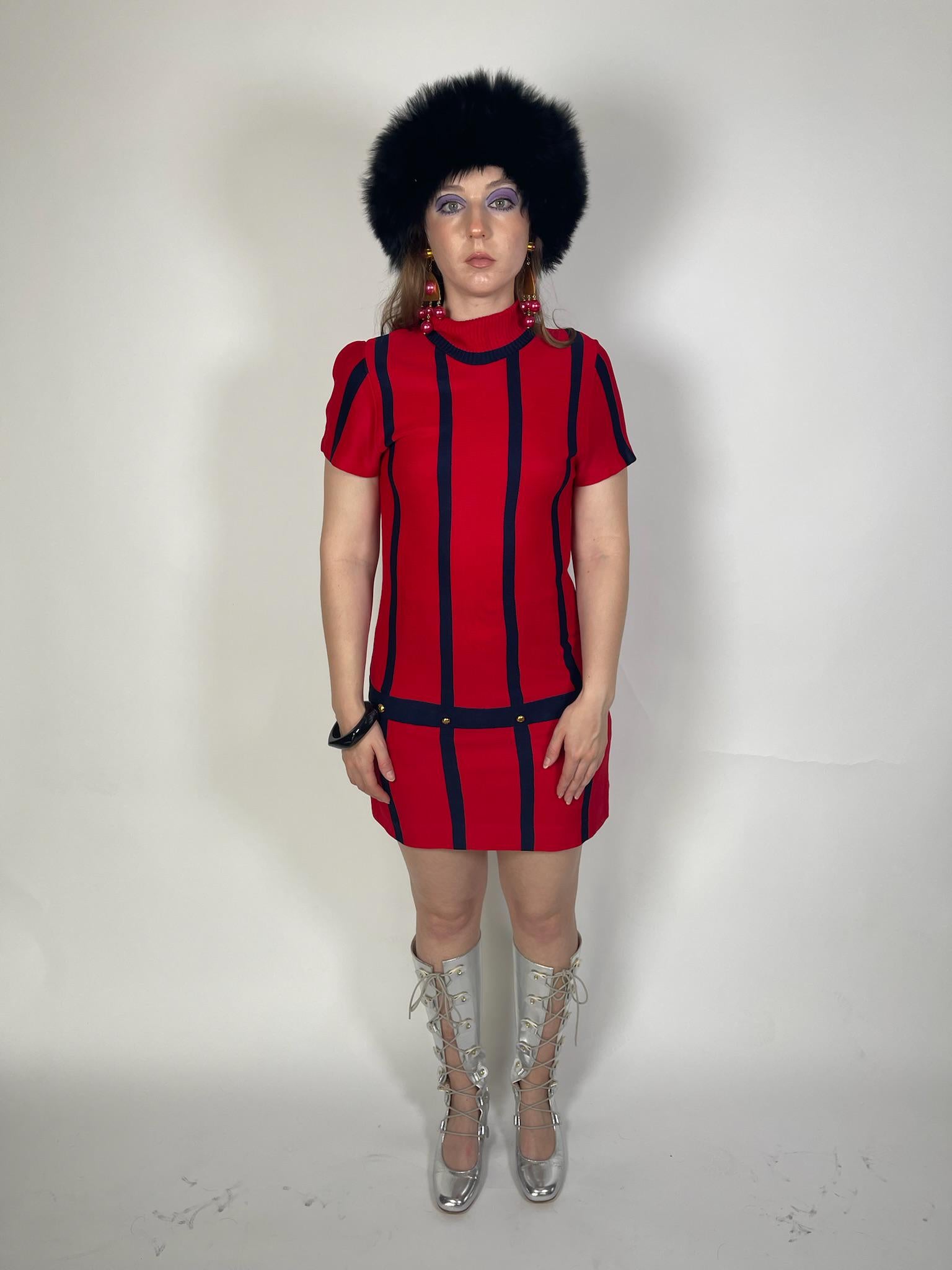Vintage 60s Navy Blue and Red Mod Knit Dress - Fits Size XS-M