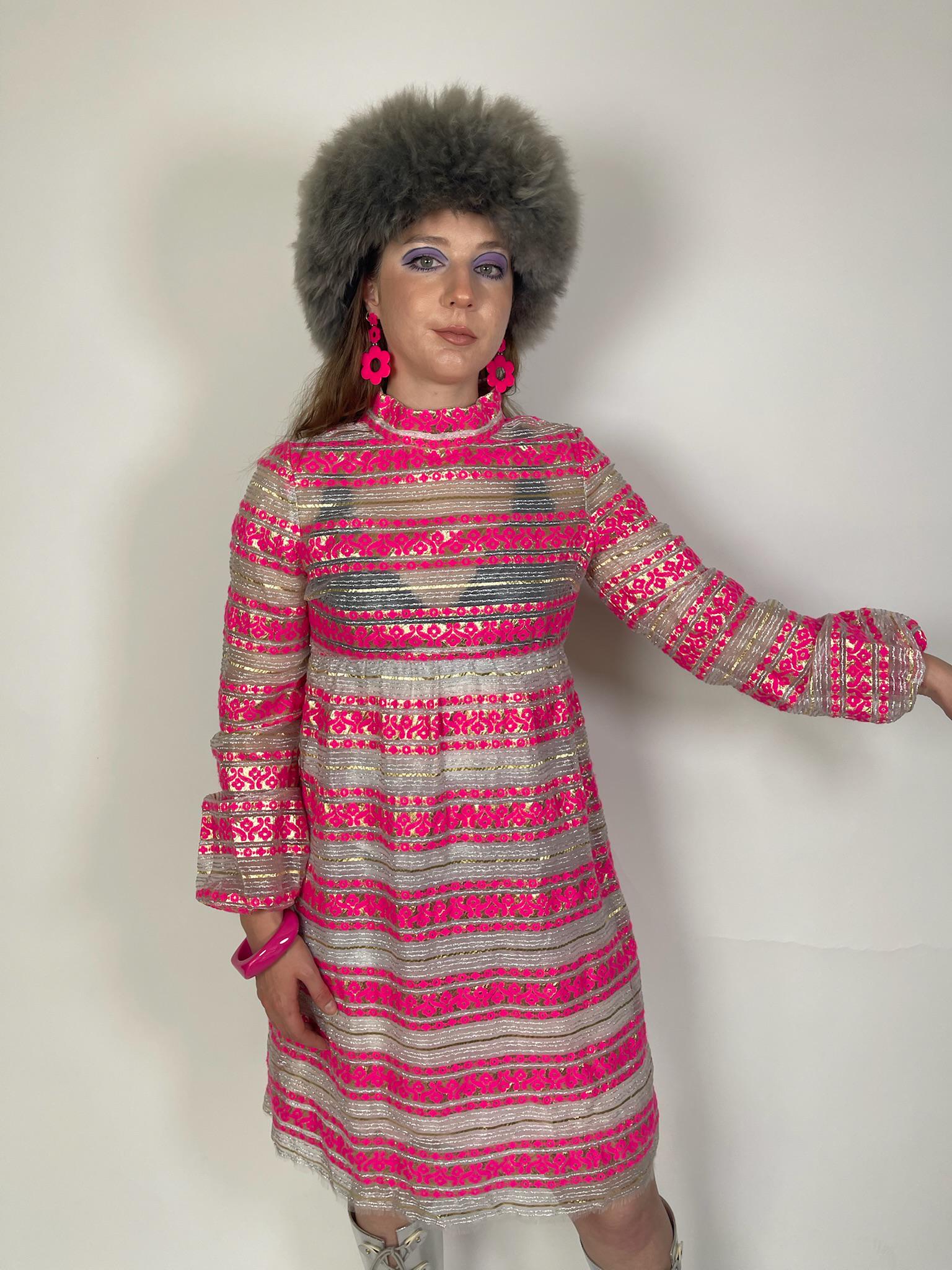 Vintage 60s 70s Metallic Sheer Pink Dress - Fits Size S-M