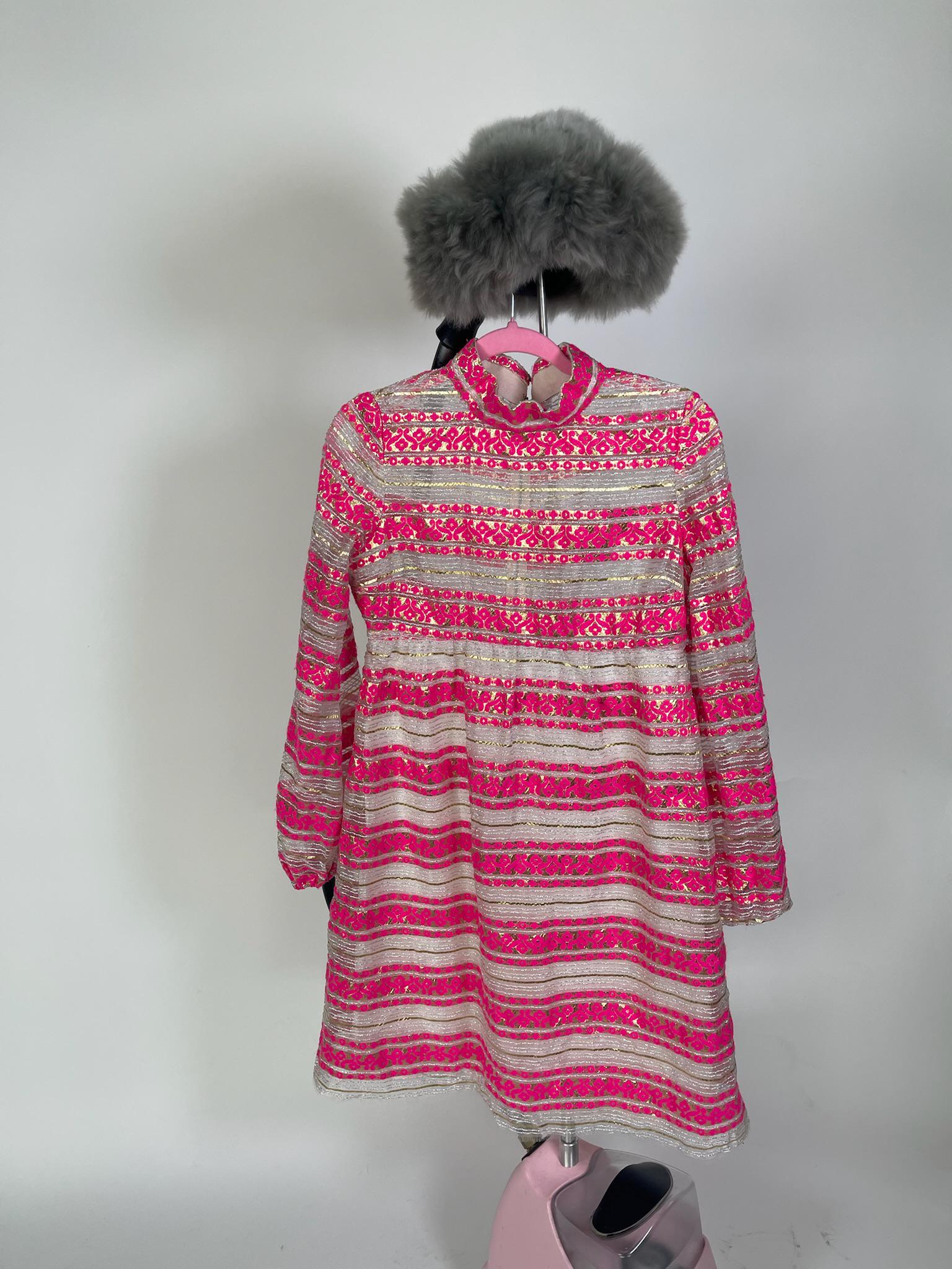 Vintage 60s 70s Metallic Sheer Pink Dress - Fits Size S-M